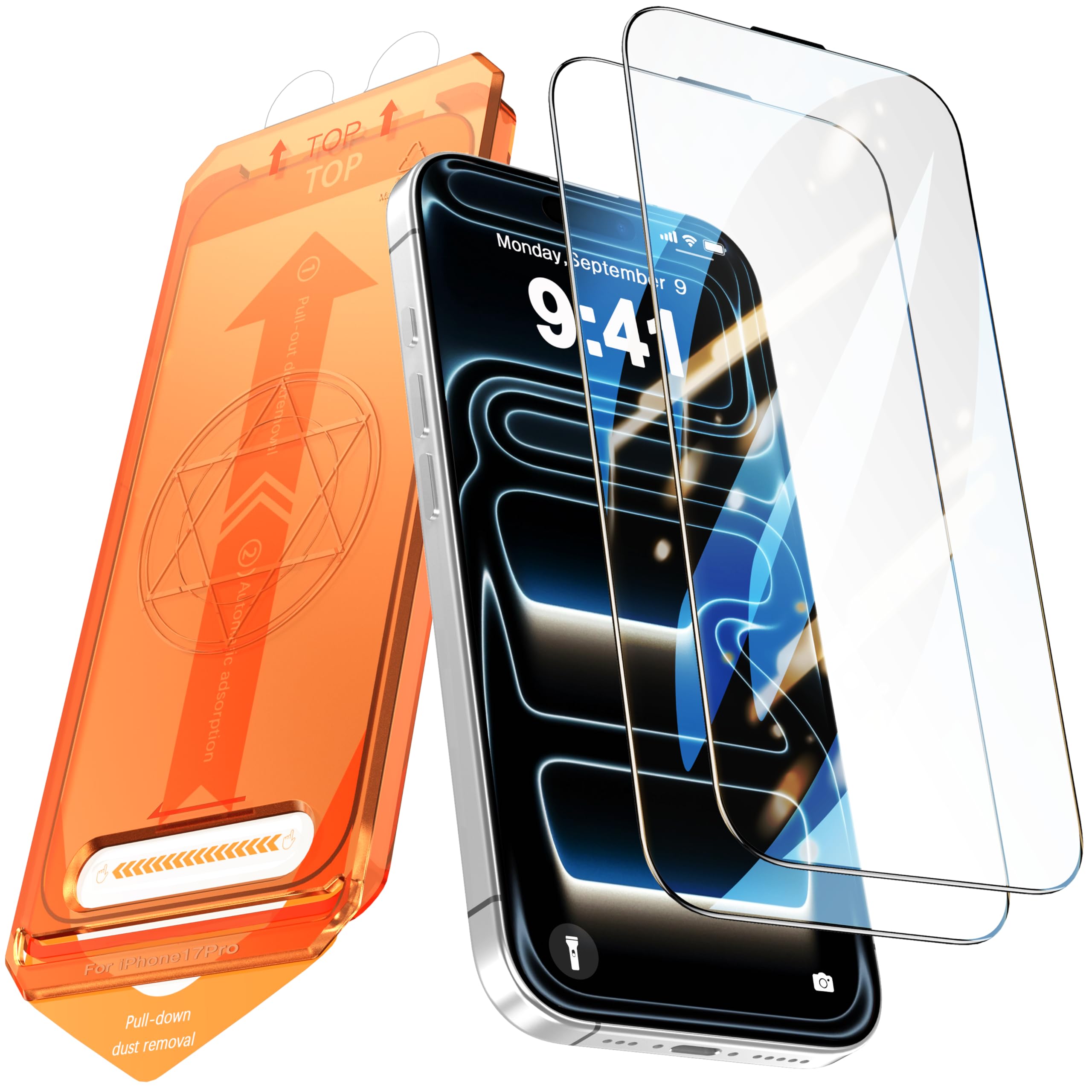 Seaqinhey 対応 iPhone 17 Pro ガラスフィルム 2枚セット ガイド枠一体式 自動吸着 いphone17pro 保護フィルム 超鮮明な画質 高光沢 9H硬度 アイフォン17 Pro 用 フィルム 黒縁あり 6.3インチ