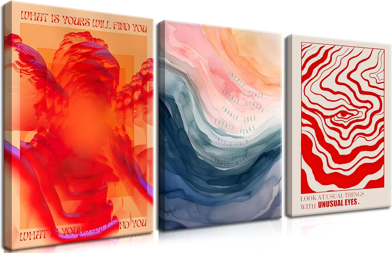 Vintage Mental Health Meditation Wall Art Set of 3, Odd Hippie Psychedelic Canvas Prints Poster, Inspirational Quotes Wall Decor Picture for Office Bedroom Living Room 16×24 Inch Framed