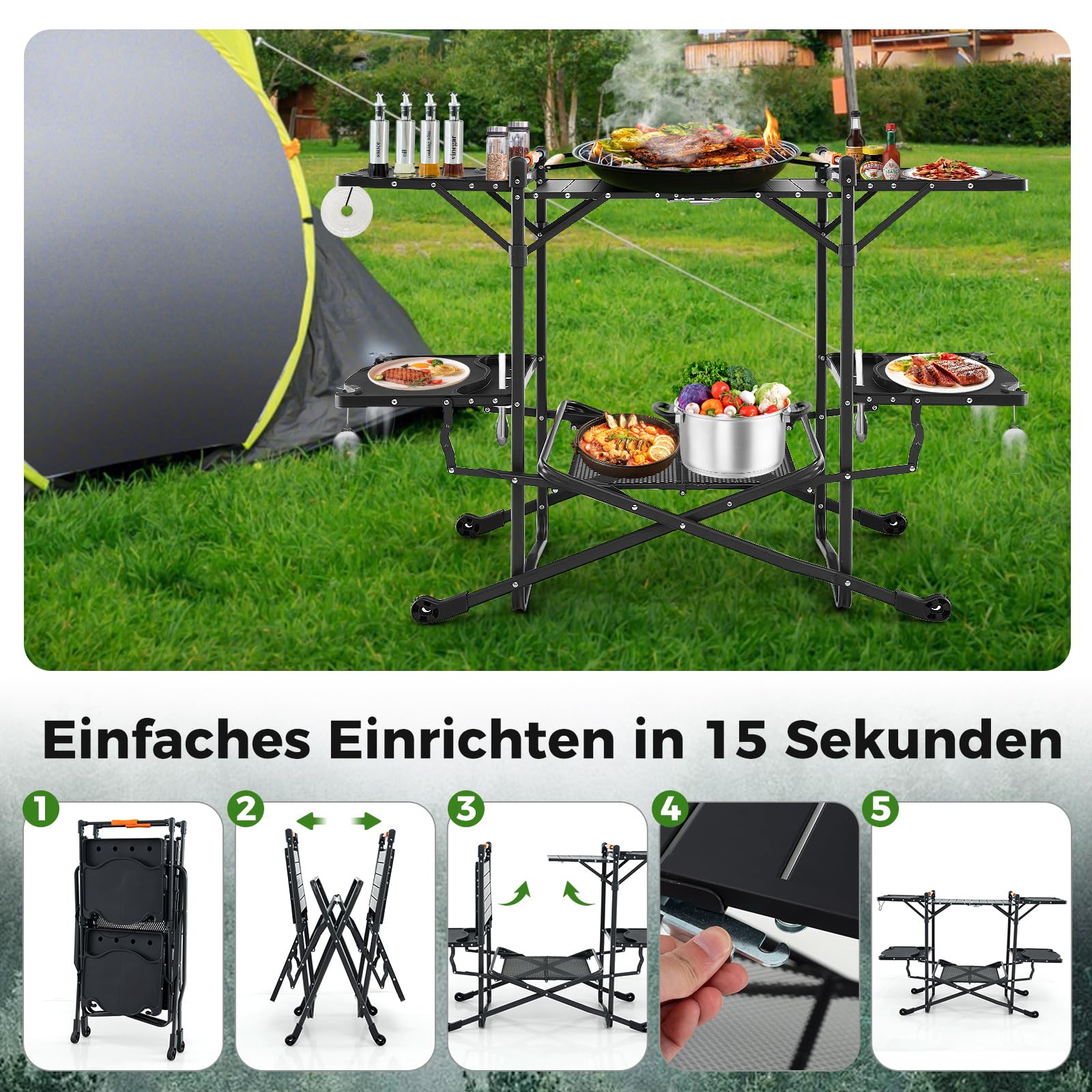COSTWAY Campingküche klappbar, Reiseküche mit Aluminium-Tischplatte, 4 Seitentischen, Ablage & Tragetasche, Camping Küche, Outdoor-Kochstation für Picknick, Grillen, Camping und Reisen