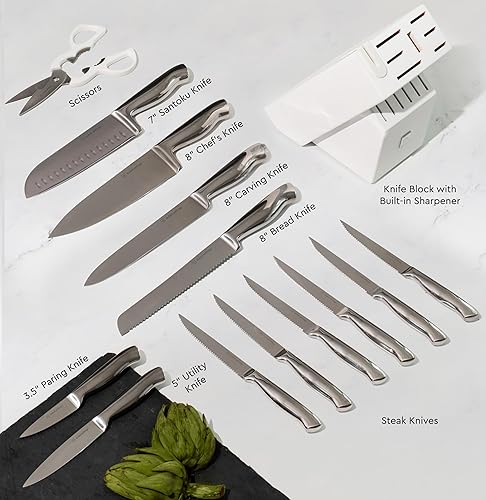 Miniatura 3 de Styled Settings Juego de cuchillos de acero inoxidable con afilador integrado, 14 piezas ultra afilados, juego de cuchillos de cocina de acero