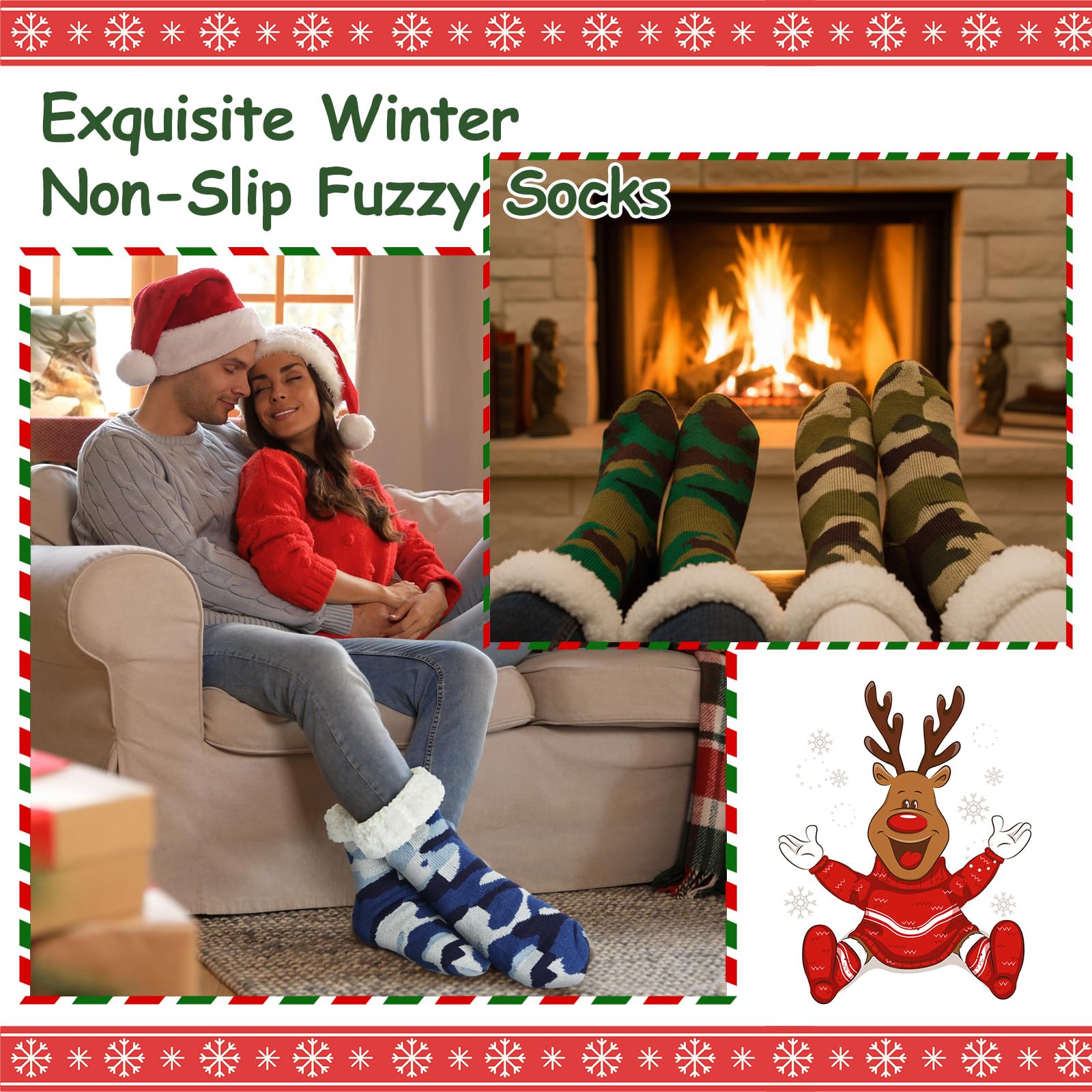 Berlune 4 Paar flauschige Herren-Socken mit Greifern, für den Winter, rutschfest, warm, mit Fleece gefüttert, dick, gemütlich, Camouflage-Socken für Herren, Zubehör, Geschenke für Weihnachten