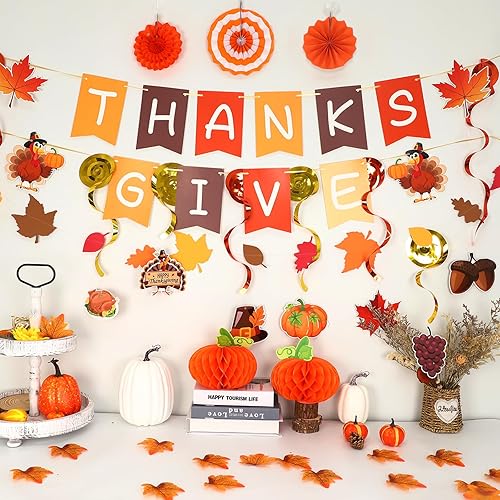 Miniatura 4 de 24 decoraciones de Acción de Gracias, decoraciones de fiesta de Acción de Gracias, incluye pancarta de dar gracias, guirnalda colgante de otoño para