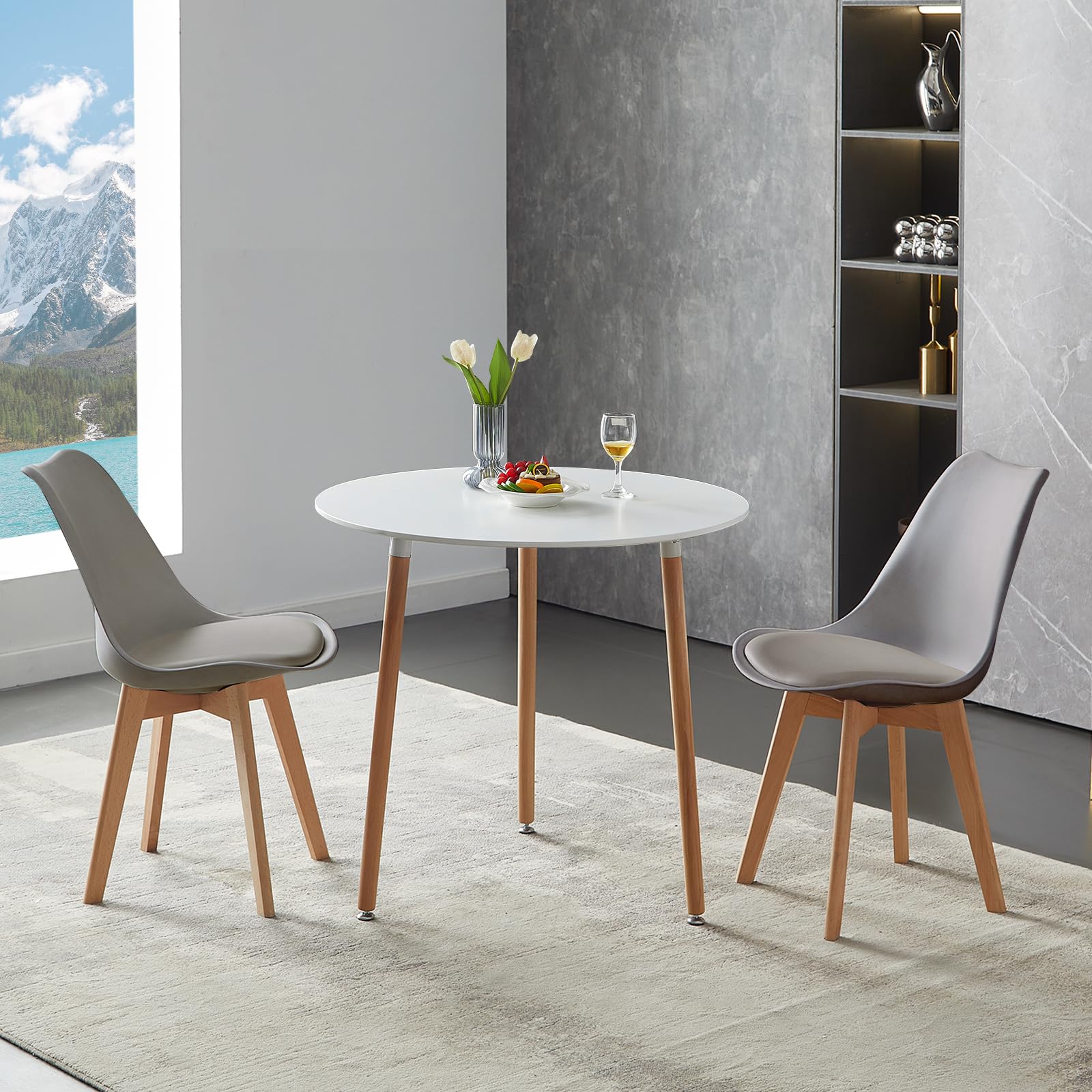 Runder Esstisch mit 2 Stühlen Essgruppen, 2er Set Esszimmerstühle mit küchentisch Esszimmergruppe, Tischgruppe Sitzgruppe für Balkon, Küche, Wohnzimmer(Weiß Tisch + 2 Grau Stuhl) | Essgruppen Runder Tisch 80 cm, Skandinavisches Design, Massivholzbeine, fü