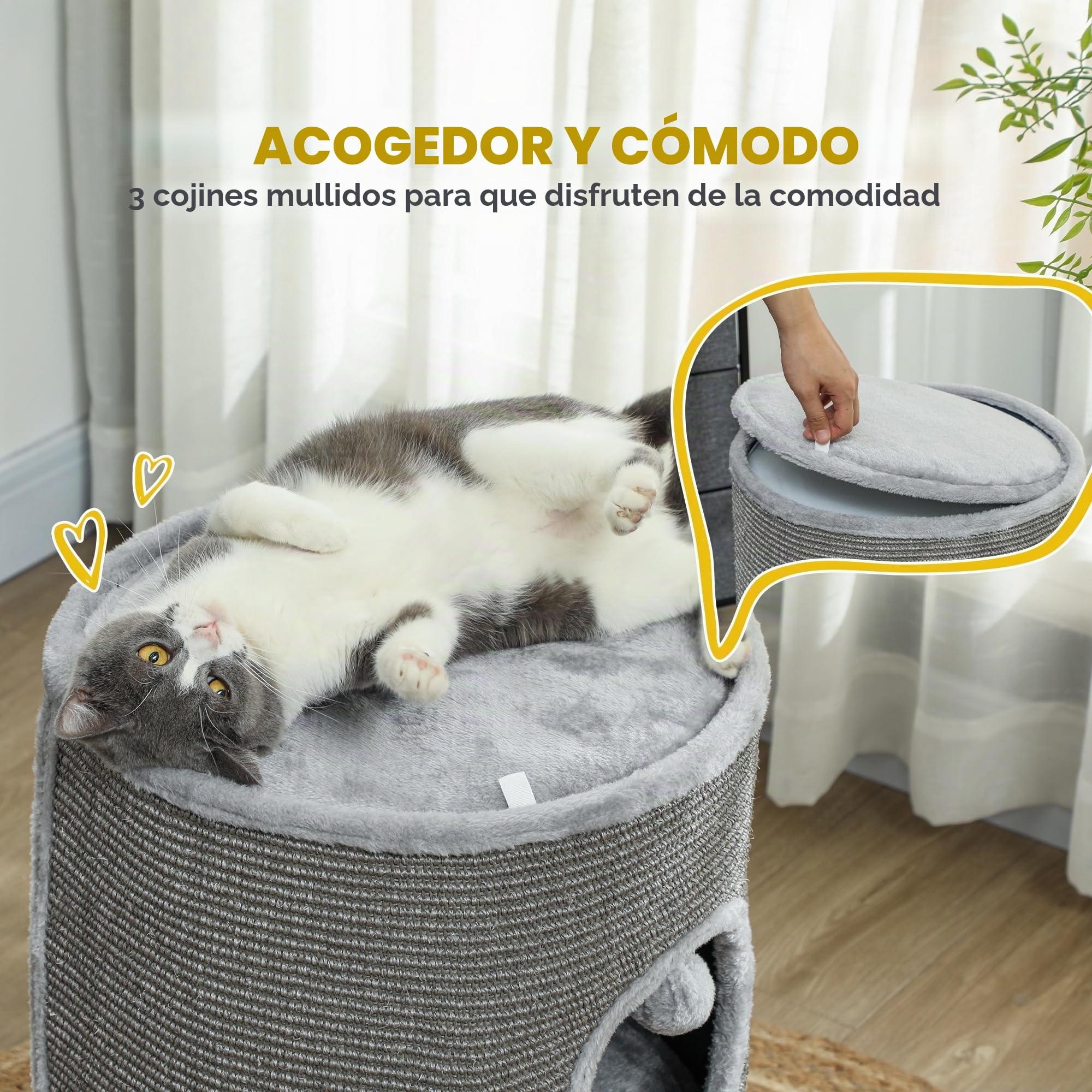 Pawhut - Torre para Gato modulable, Barril rascador Gato con Cremallera Separable 3 Niveles, Dos Bolas, Cueva para escondite, Altura 69 cm, Gris | Cremallera separable, dos bolas, cueva para gatos, escondite, cabaña rascador de gato