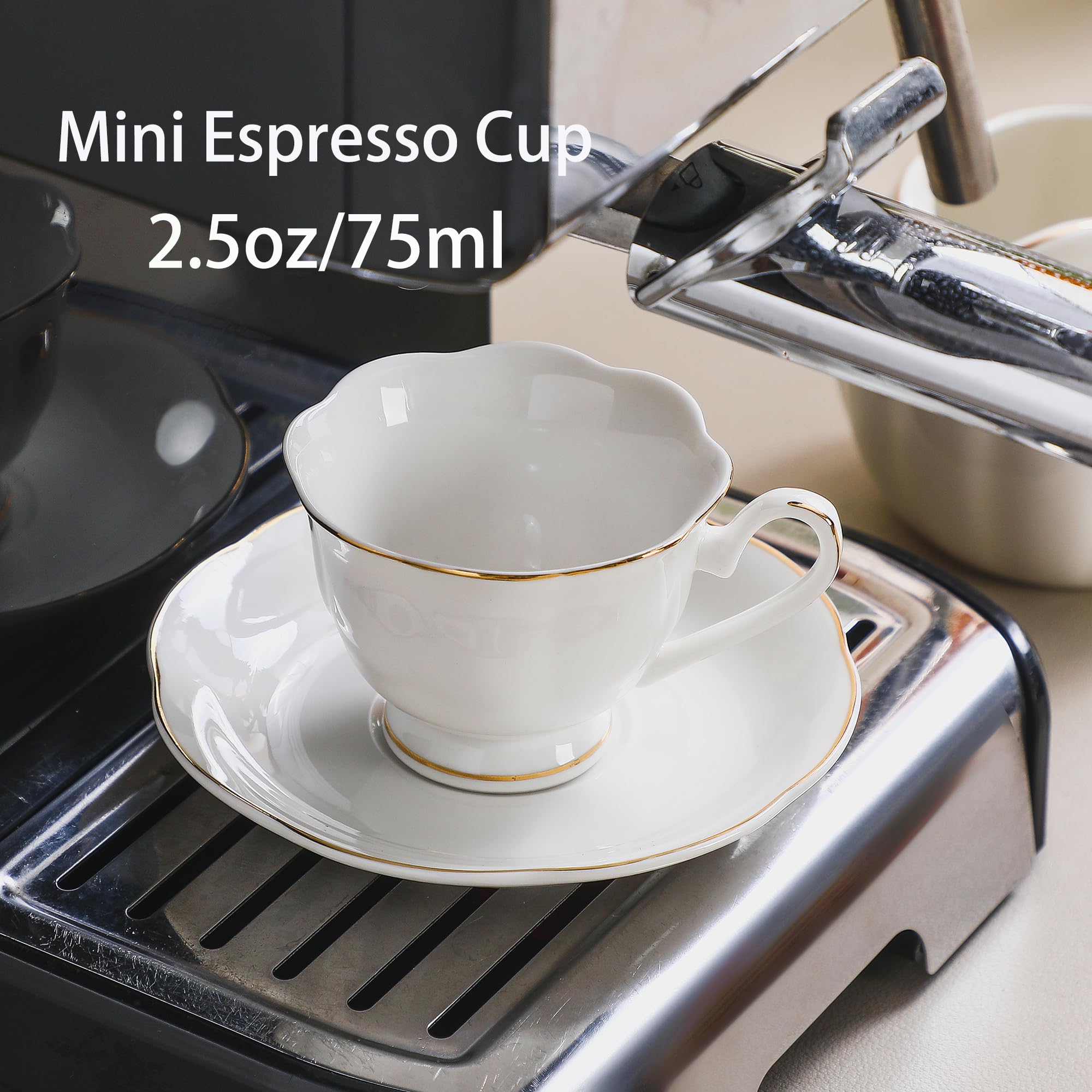 Juego Demitasse de porcelana blanca de 8 piezas, juego de tazas y platillos de 2.6 onzas, elegante diseño de ribete blanco y dorado, perfecto para espresso y café turco, regalos