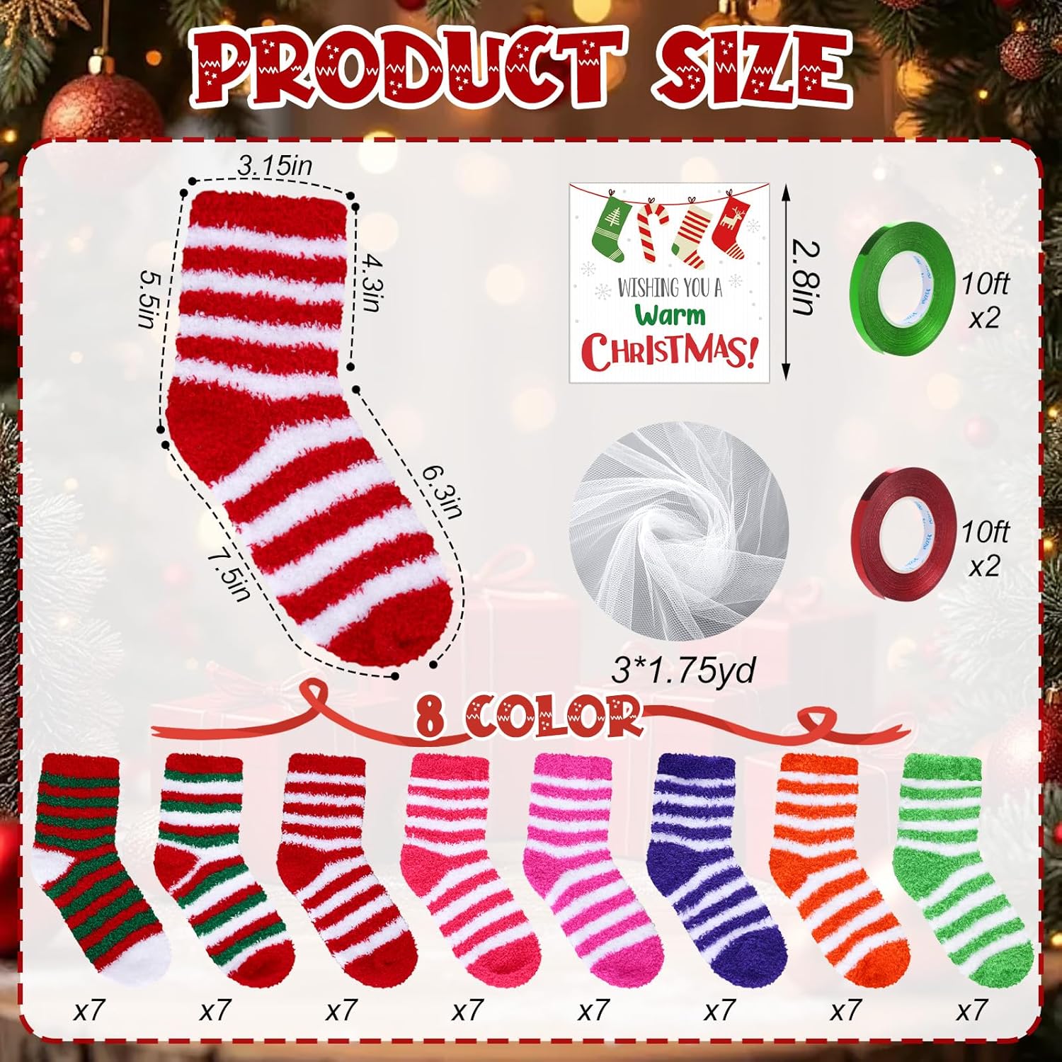 Shihanee 56 Pairs Warm Christmas Fuzzy Socks with Candy Gift Packaging Fuzzy Stripe Slipper Soft Fluffy Athletic Socks Stocking Stuffers Women Christmas Gifts - Image 3
