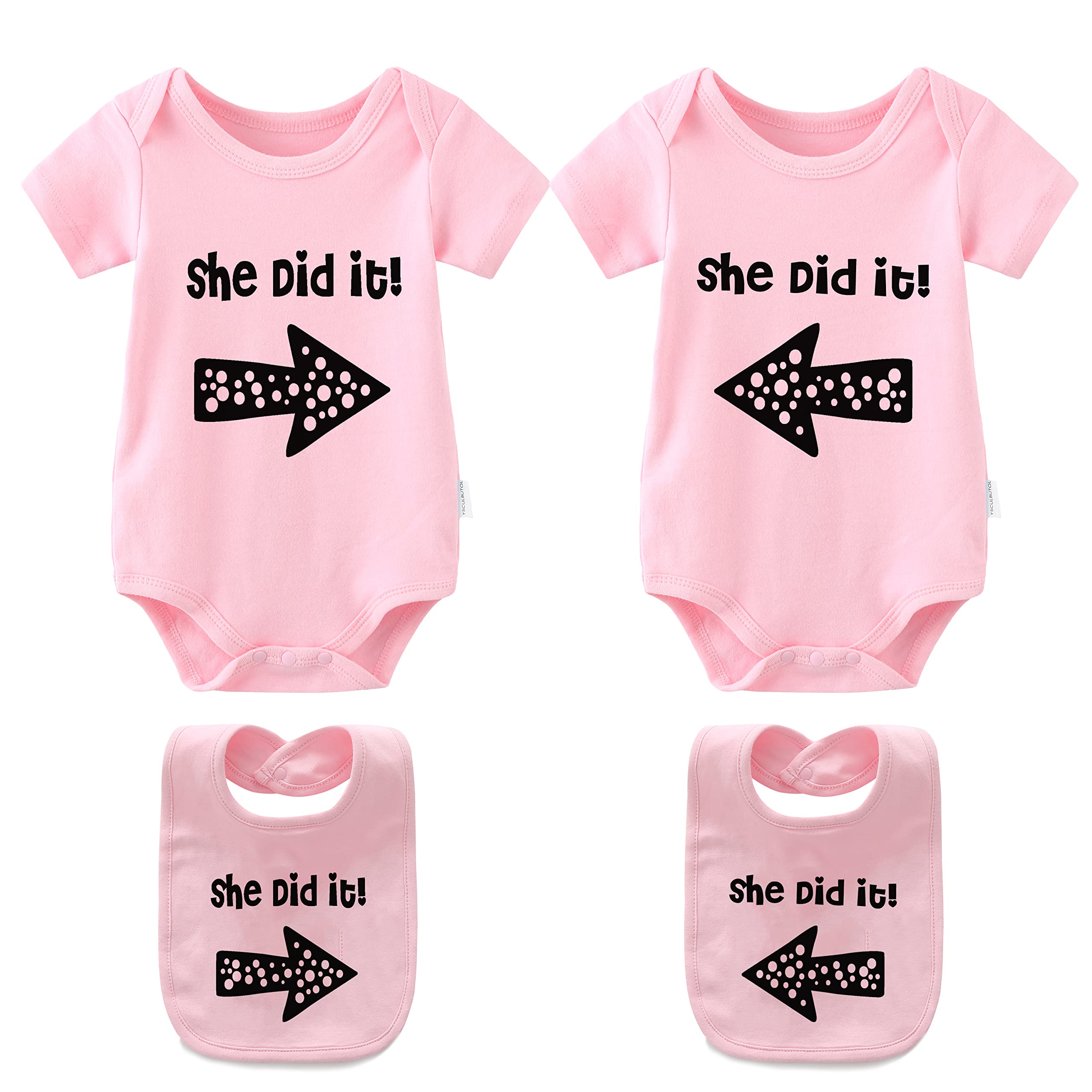 Ysculbutol Women's Brown Baby Twins Bodysuits He/She Did It Twin Outfit Girl Romper With Hat Set, 6-9 Months