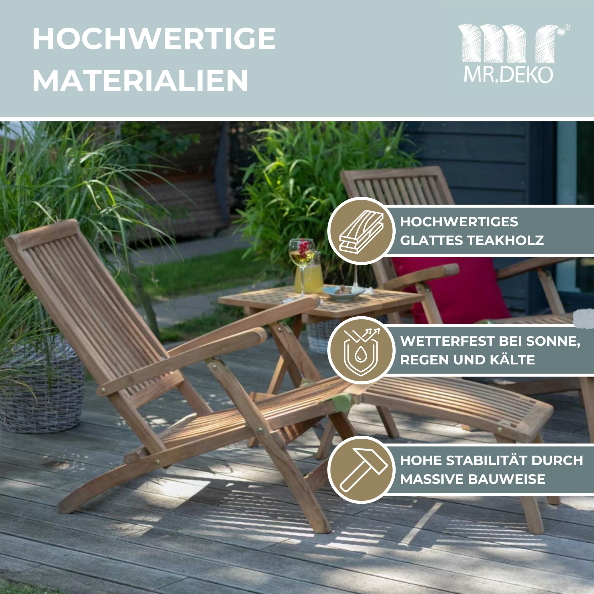 MR. DEKO Deckchair Yacht Teak Holz 170 cm | Sonnenliege Garten Klappbar | Gartenliege Wetterfest Massivholz | Deckstuhl Outdoor Teakholz Balkon | Liegestuhl Terrasse Rostfrei
