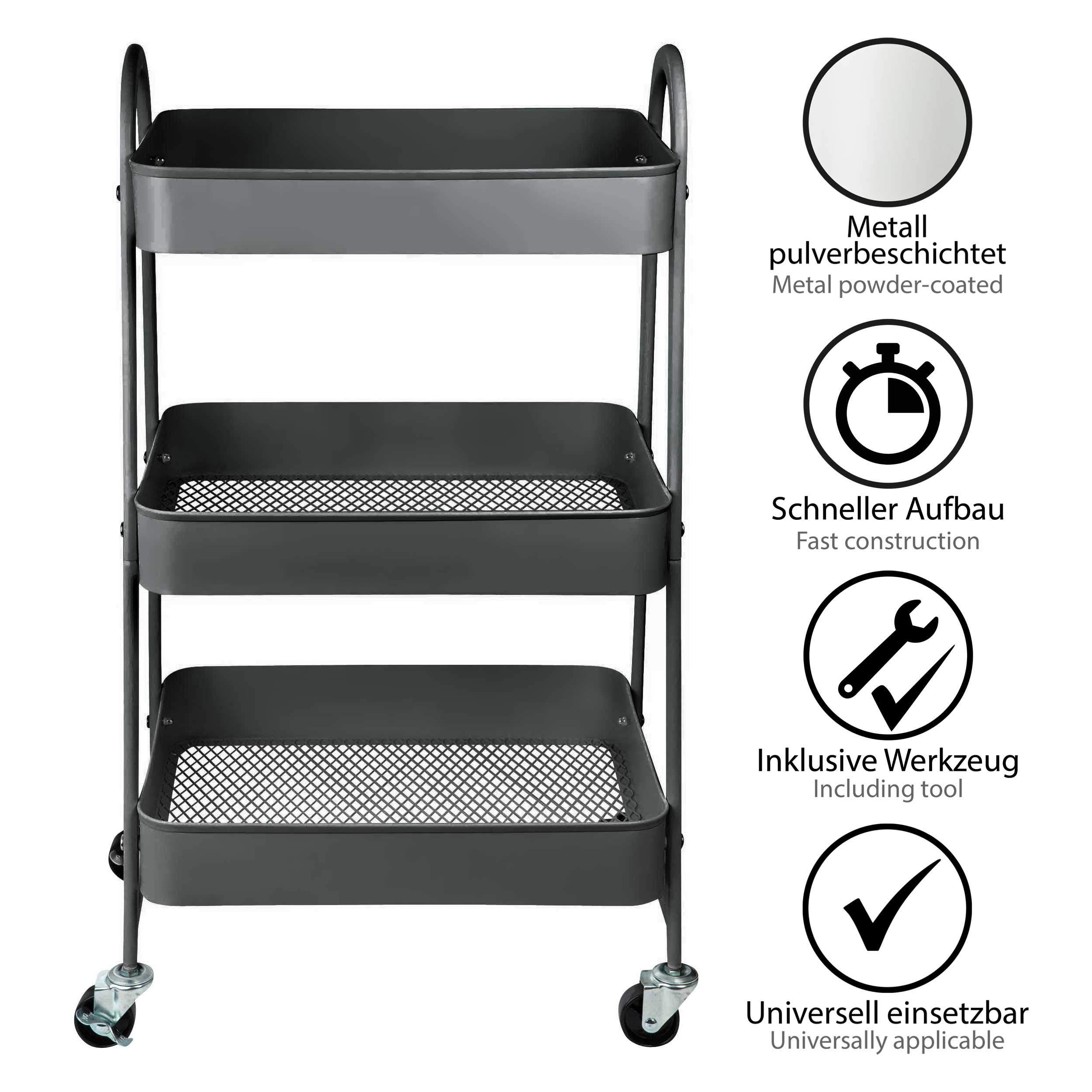 ONVAYA® Servierwagen Silvio | Beistellwagen | dunkelgrau | 30,5 x 45 x 77 cm | 3 Fächer | Multifunktionswagen | Transportwagen | Allzweckwagen | Küchentrolley | Nischenregal (dunkelgrau)