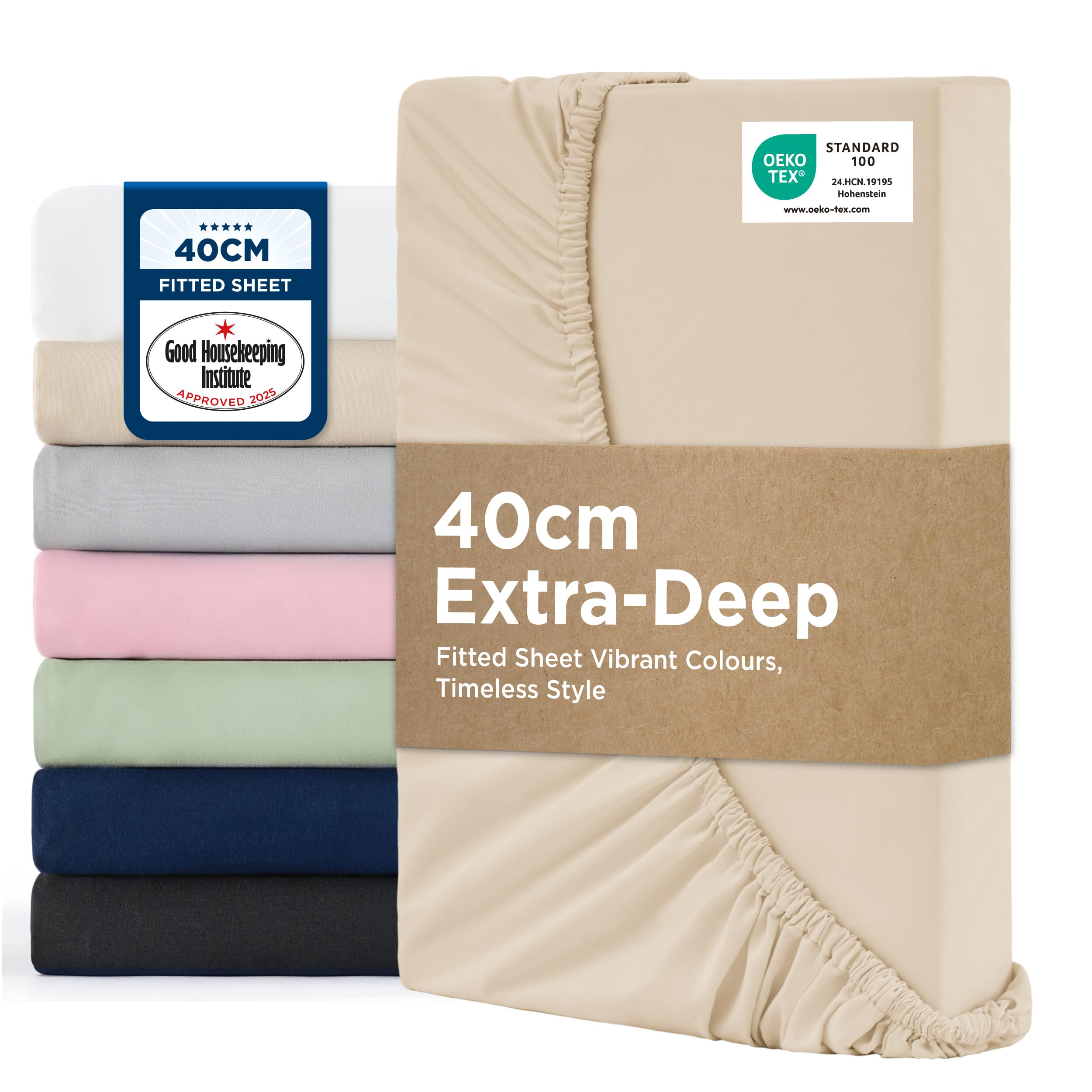Bedsure Small Double Fitted Sheet - Bed Sheets Extra Deep Pocket 16 Inches (40 cm), Soft Brushed Polyester Microfiber Material for 3/4 Bed, Beige, 122x190cm
