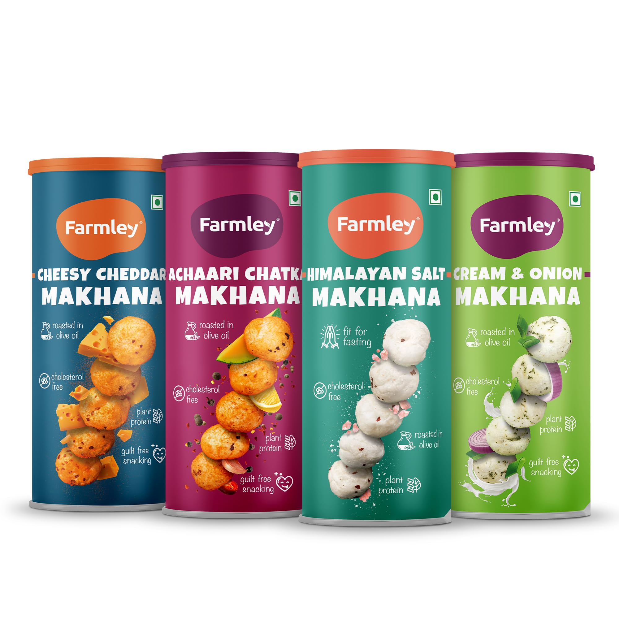 Farmley Flavoured Roasted Makhana I 332 gram I Healthy Party, Namkeen Snacks, Puffed Snacks Cheese N Herbs, Achari, Himalayan Salt, Cream & Onion (Pack of 4, 83 g Each)