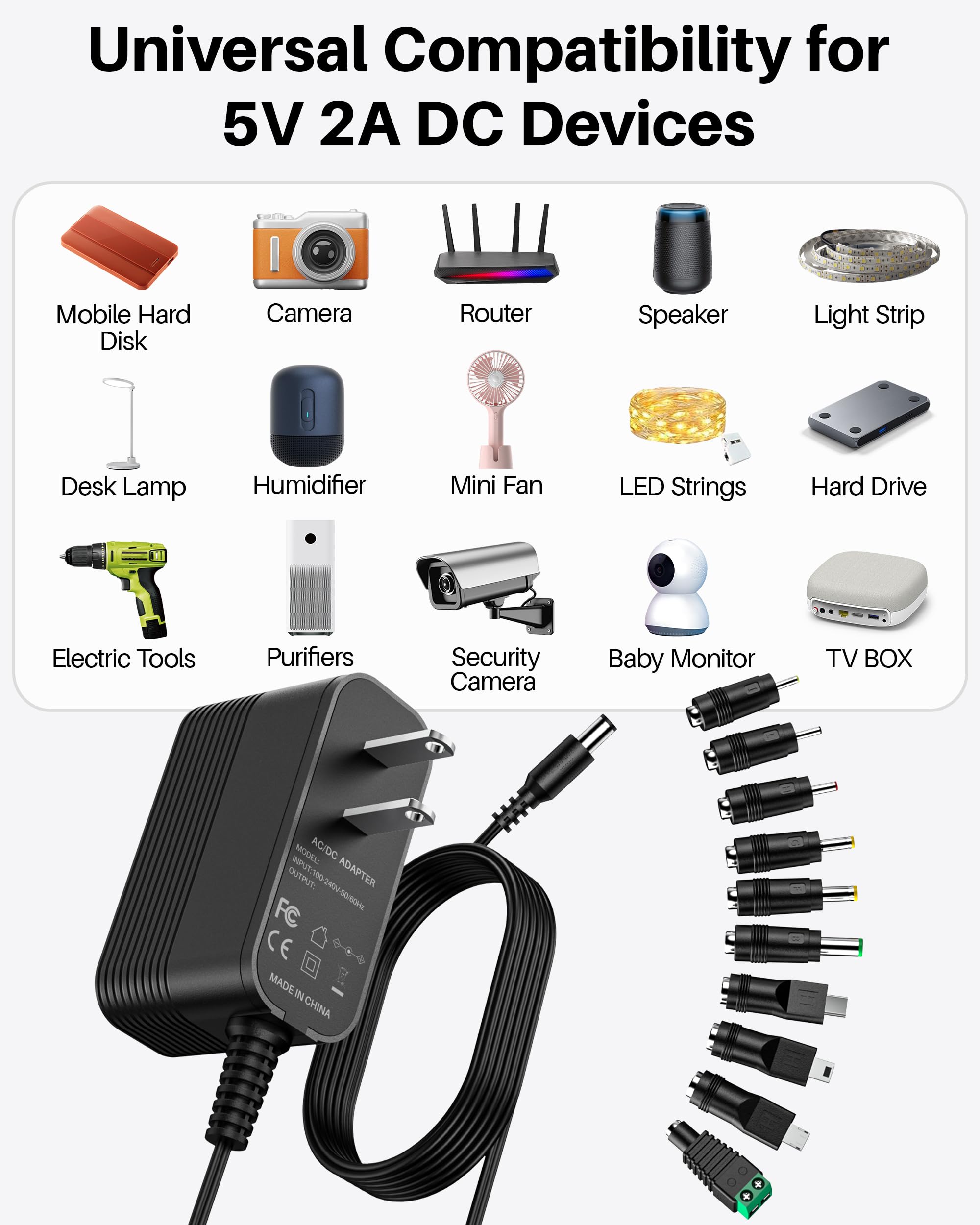 5V 2A Power Adapter 5V Charger DC Power Supply for Regulated Switching with 10 Interchangeable Jacks for 2000mA 1500mA 1000mA 900mA 850mA 800mA 700mA 600mA 500mA Universal Electronics