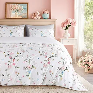 Shilucheng 100% Cotton Floral Duvet Cover Queen Size - 600 Thread Count, Breathable & Cooling Comforter Cover with Zipper Closure,Hotel Bedding Duvet Covers 3 Piece (Jacaranda & Pink)