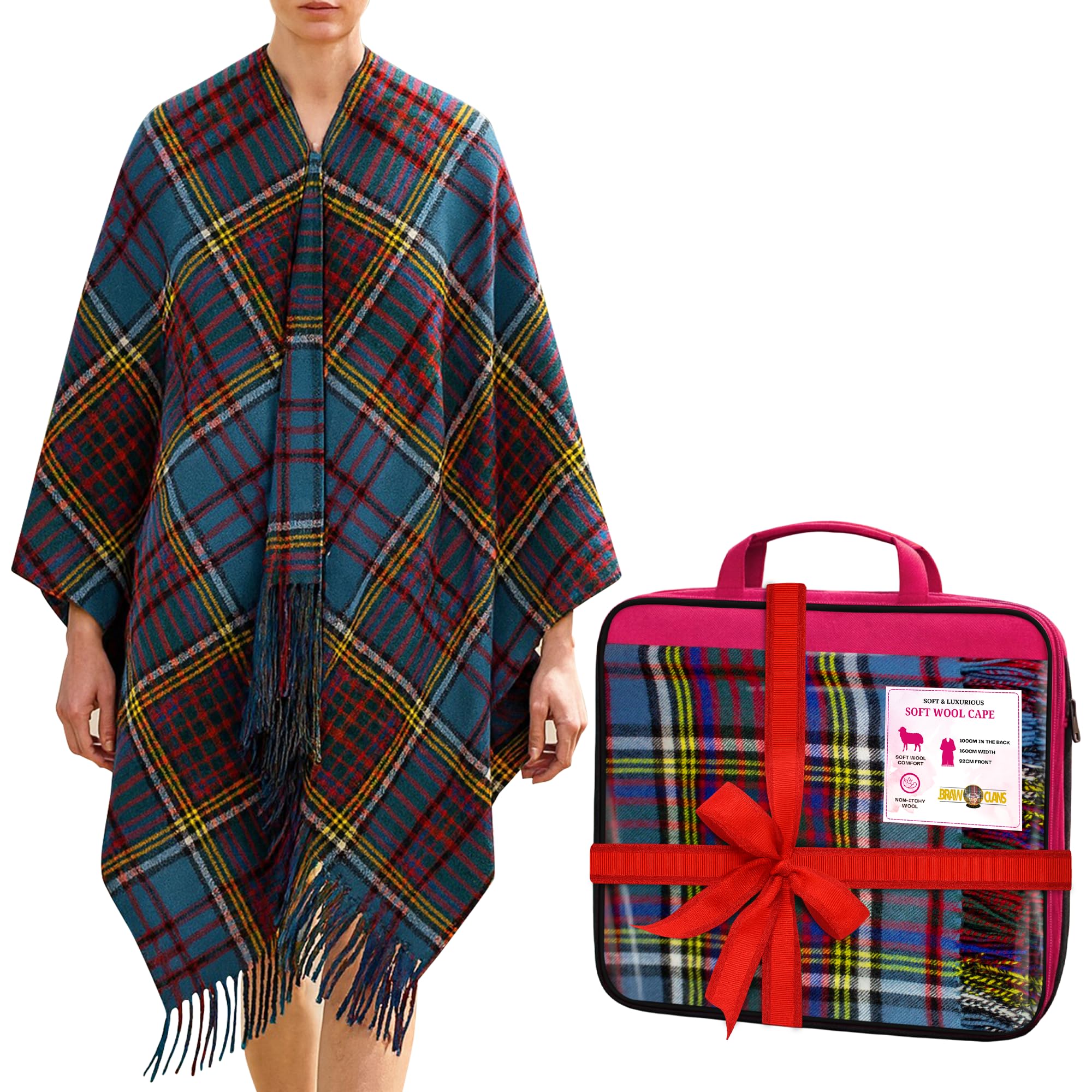 Braw Clans Tartans Unisex Anderson Soft Wool Tartan Poncho Blanket Cape Made In Scotland - Ruana Cloak Style - Full Body Shawl - Mothers Day Gift - Home, Travel, Camping - Tartan