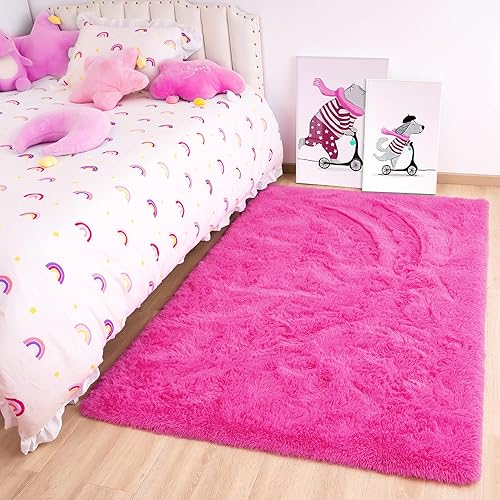 Noahas Fluffy Hot Pink Rugs for Bedroom Girls,Area Rugs for Living Room,2x3 Feet Small Thick Shag Throw Floor Carpet,Soft Shaggy Bedside Non-Slip Plush Dorm Nursery Kids Rug Home Decor Aesthetic