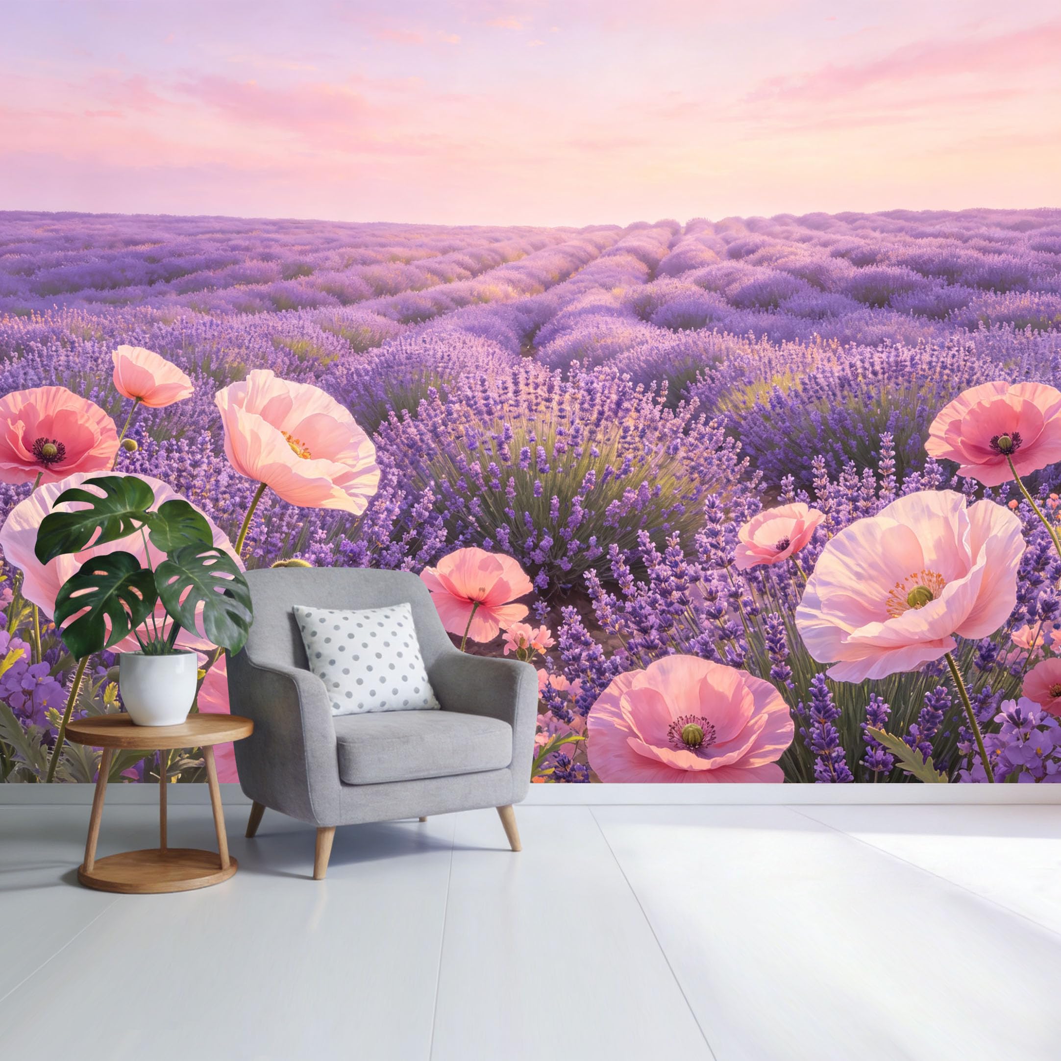Custom Size Wall Mural Lavender Field Sunrise Pink Floral Botanical Landscape SelfAdhesive Wall Fabric Removable Wallpaper for Home Office Decor