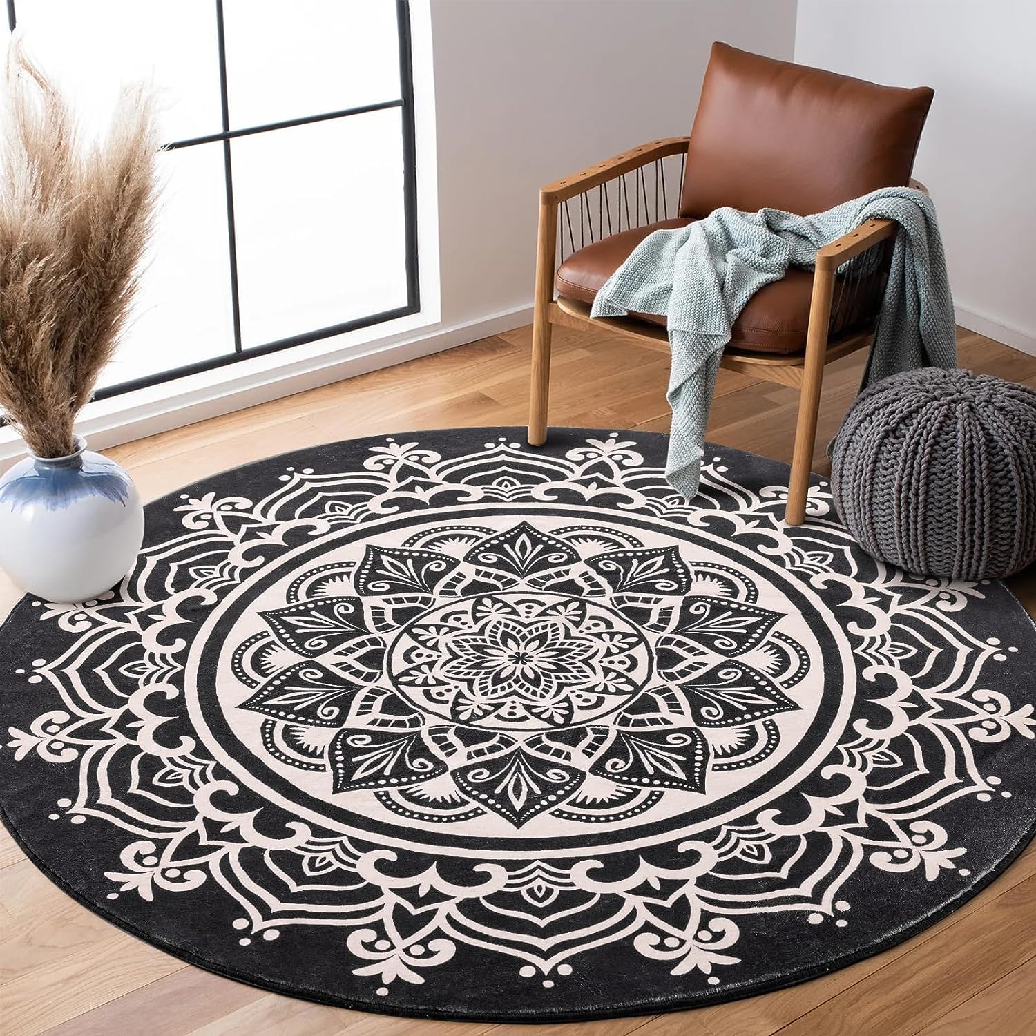 Carvapet Teppich Rund 120cm Weich und Flauschig Teppich Gegend Kreis rutschfest Waschbar Böhmisches Mandala Bodenteppich Wohnzimmer Schlafzimmer(Schwarz)