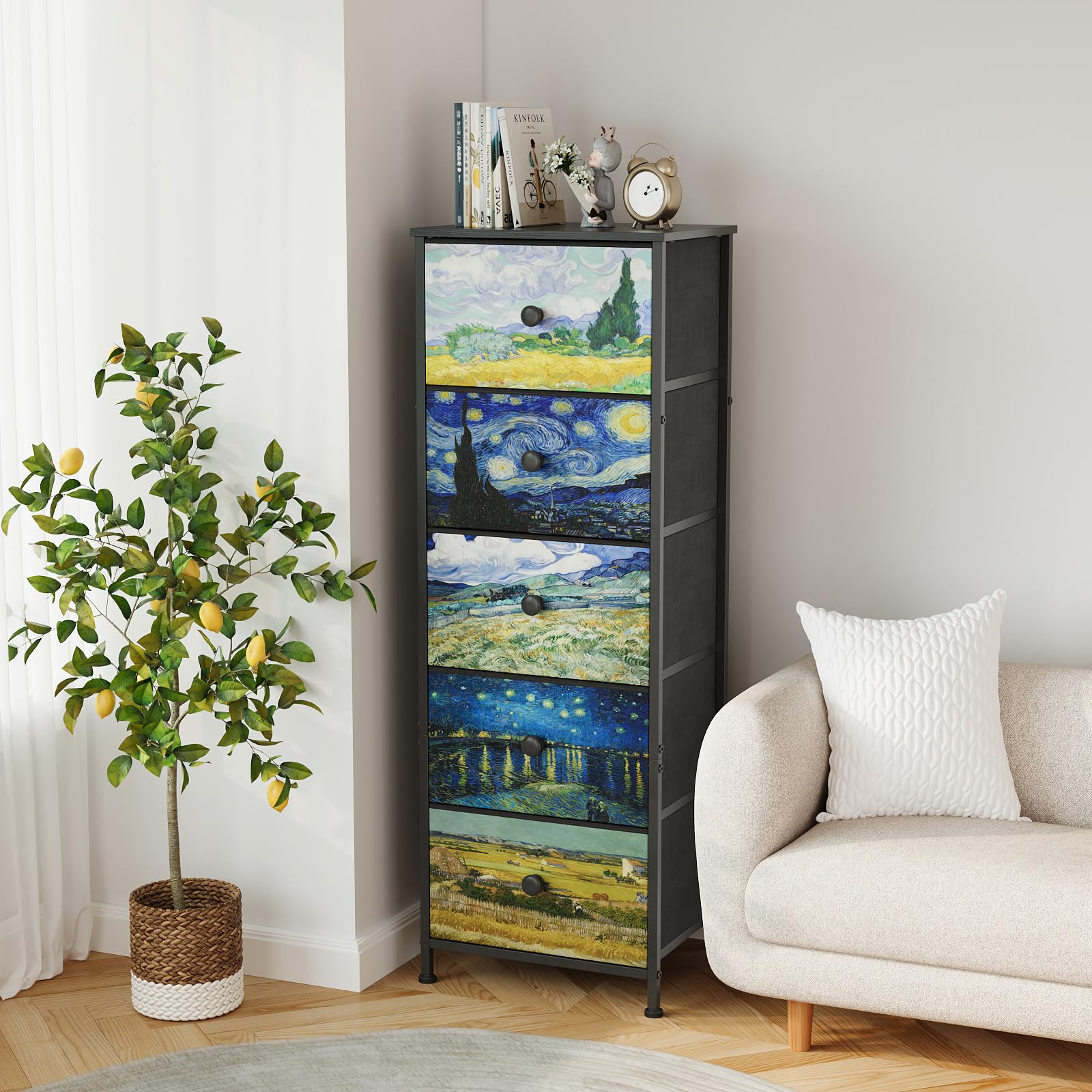Cassettiera con cassetti in tessuto, stile Van-Gogh, sottile, per camera da letto, armadio, corridoio, soggiorno, cameretta (5 cassetti)