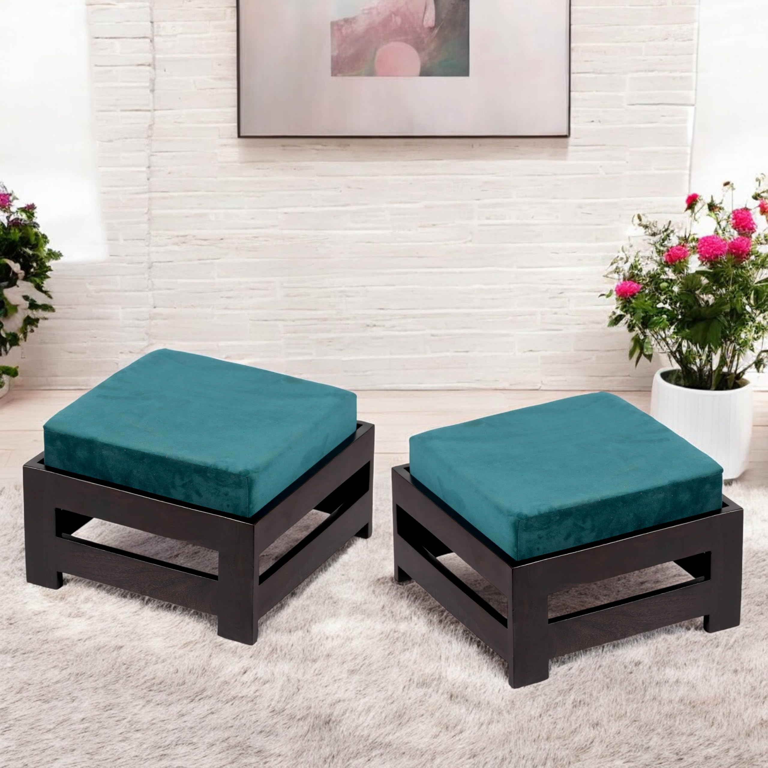 Sheesham Wood Ottoman Square Pouf Stool with Cushion Pack of 2 | Multipurpose Strong Wooden Low Height Modern Pouffe Sitting Stool Ideal for Living Room (17x17x11.5 INCH) Walnut-image-26