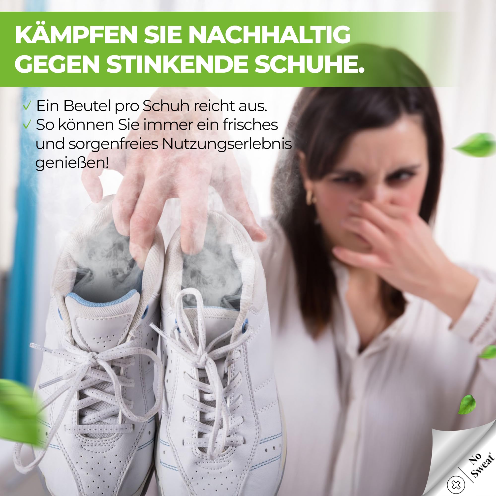 No Sweat Eliminador de olores para zapatos, forma de polvo, 10 unidades, ideal para neutralizar el olor de las botas de fútbol, en práctico set para hasta 60 días de frescura, controla la humedad