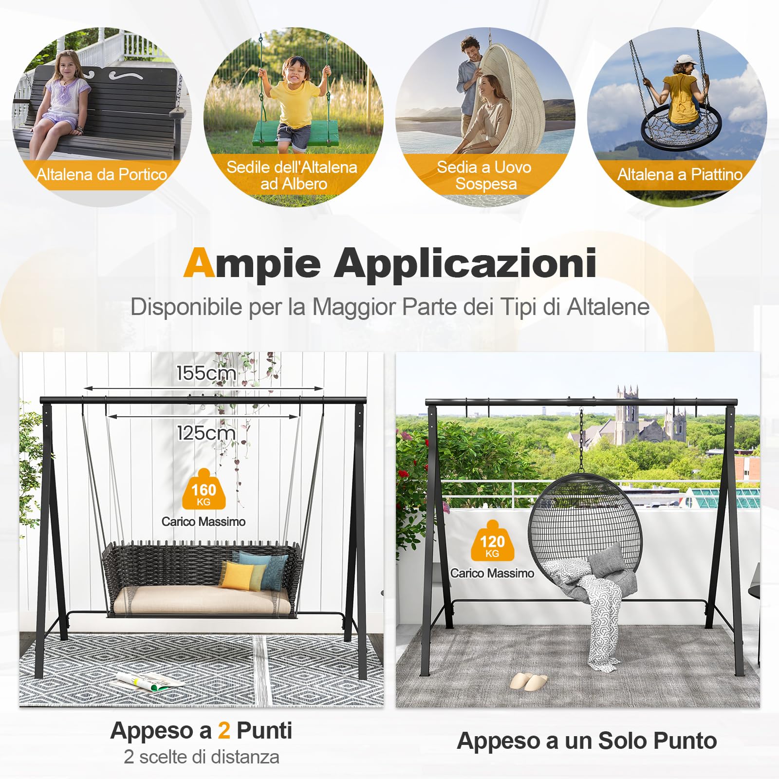 COSTWAY Supporto per Altalena in Metallo, Struttura a Forma di A | Telaio per Altalena da Giardino in Metallo, Portata 160 kg, 210 x 115 x 175 cm