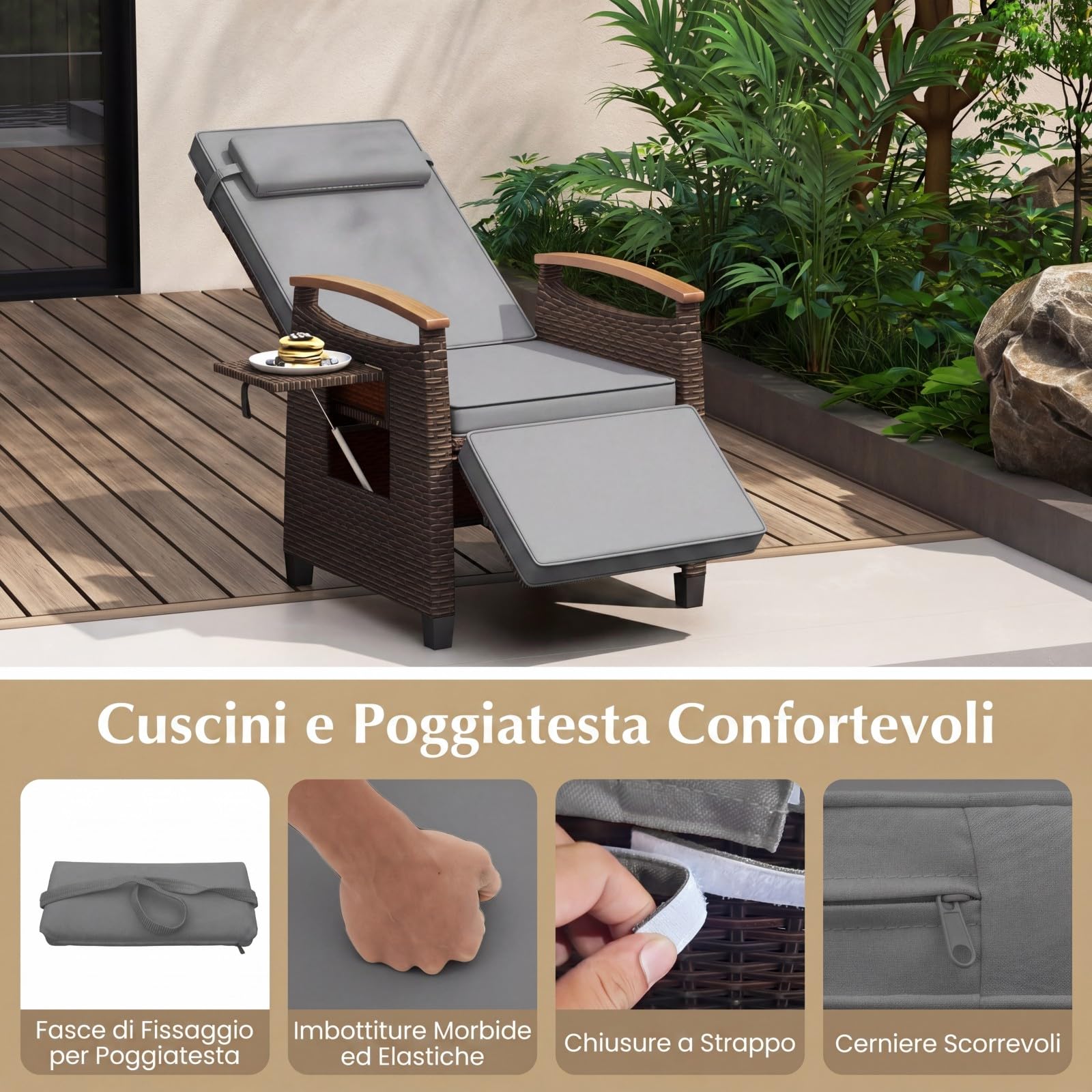 COSTWAY Poltrona Reclinabile da Giardino, Sedia Relax Esterno in Rattan con Schienale Regolabile a 150°, Poggiapiedi e Tavolino Pieghevole, Portata 180 kg, per Patio, Cortile e Terrazzo (Grigio,1)