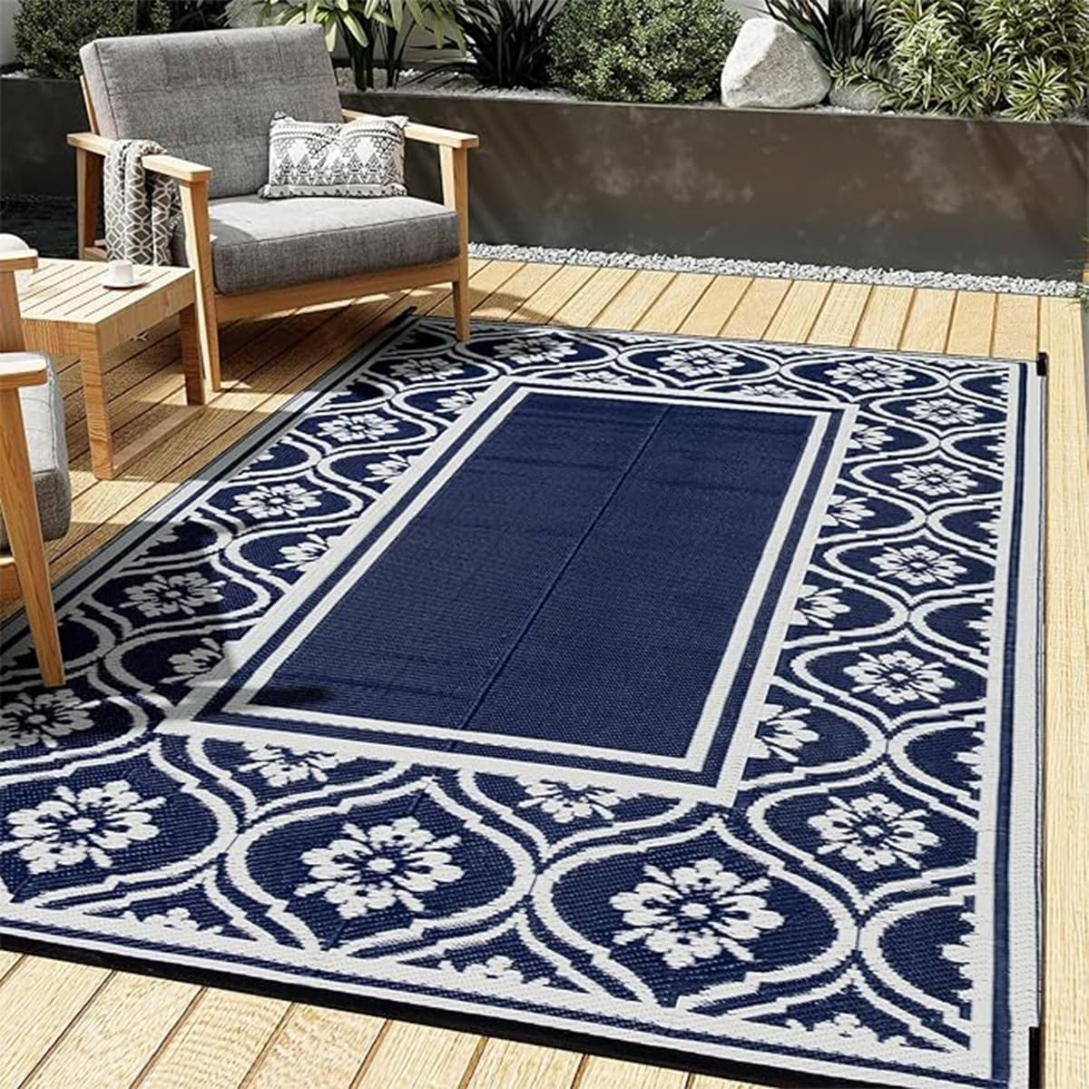 Hiseng Tapis d'extérieur Imperméable Terrasse Balcon, Motif Floral Géométrique Tapis de Sol Réversible en Plastique Résistant aux Intempéries aux UV pour Jardin, Camping (Bleu Marine,183x274cm)
