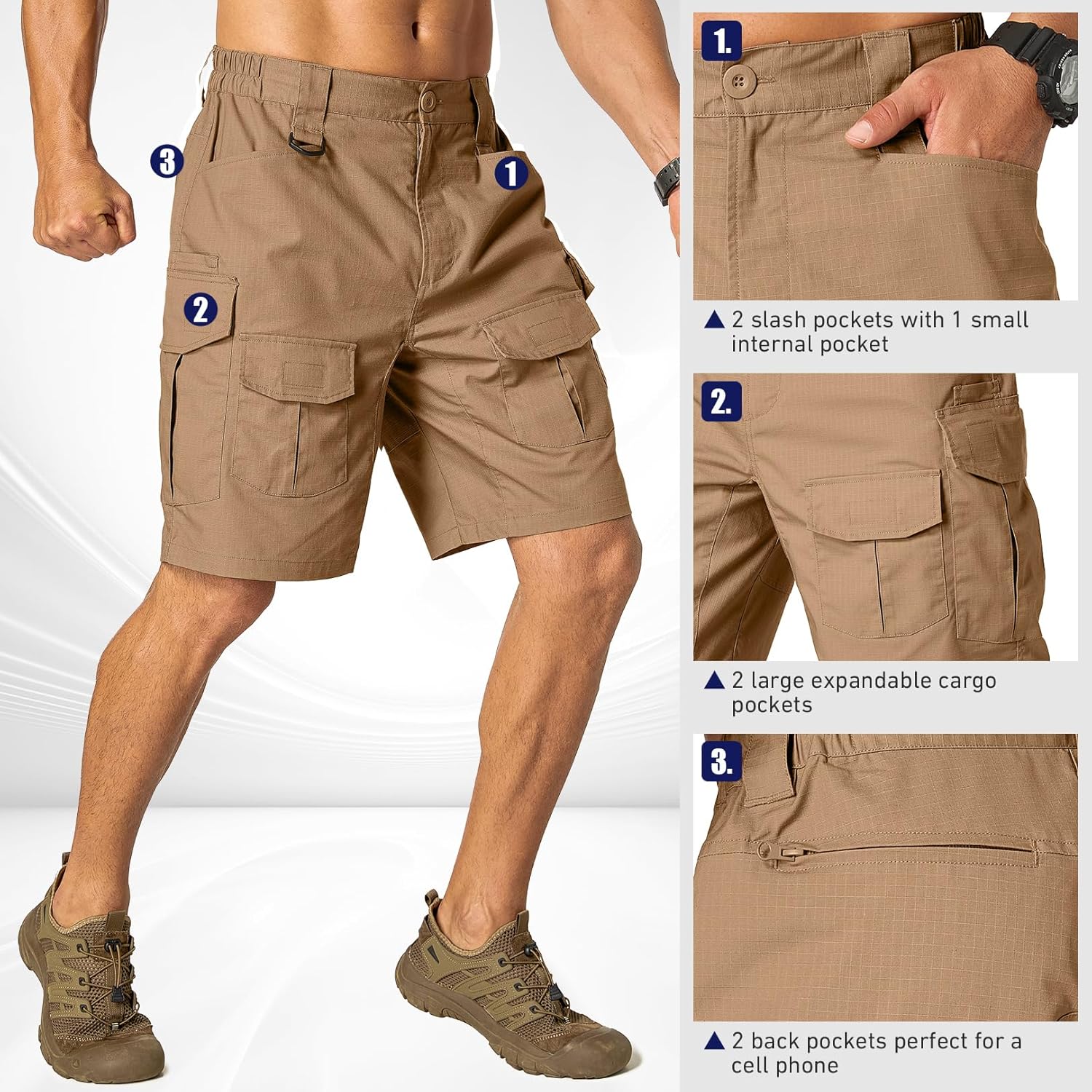 Mens Tactical Cargo Work Shorts Waterproof Rip Stop Stretch Outdoor Hiking Military Combat Shorts with Multi-Pocket (No Belt)