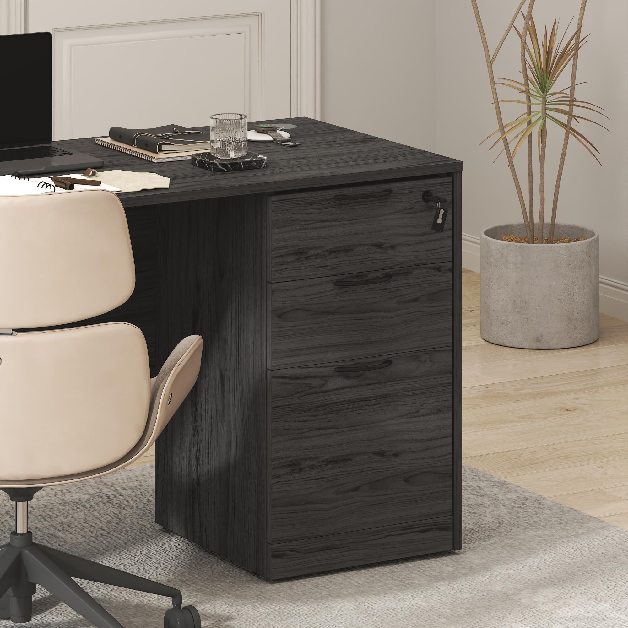 Furinno Roger File Cabinet, 3-Drawer Fixed Pedestal Filing Cabinet with Lock, Soft-Close Drawers with Drawer Organizer, for Home Office, Coastal Grey