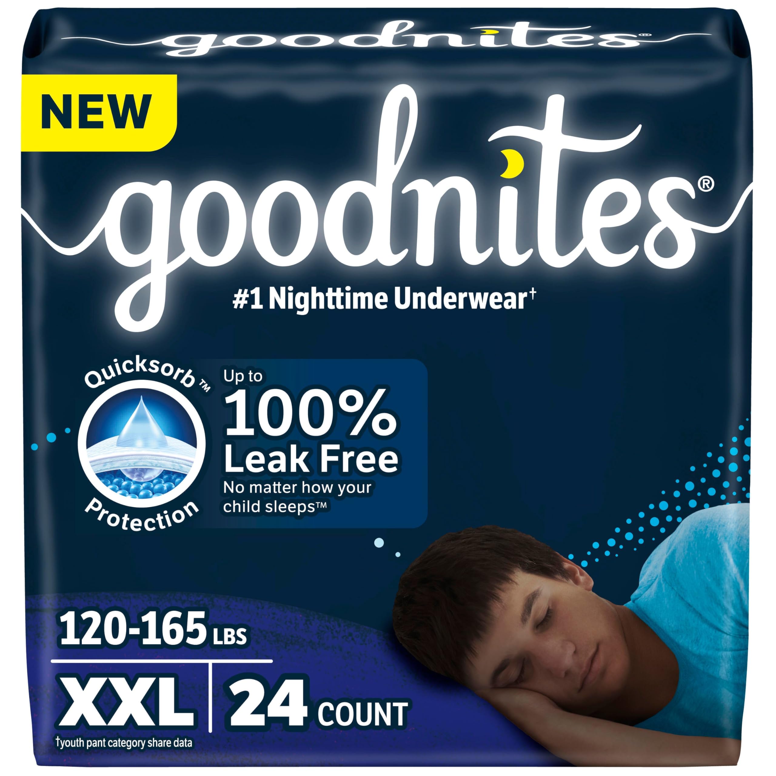 Goodnites Boys' Nighttime Underwear, Size XXL (120-165 lbs), 24 Ct (2 Packs of 12), Packaging May Vary