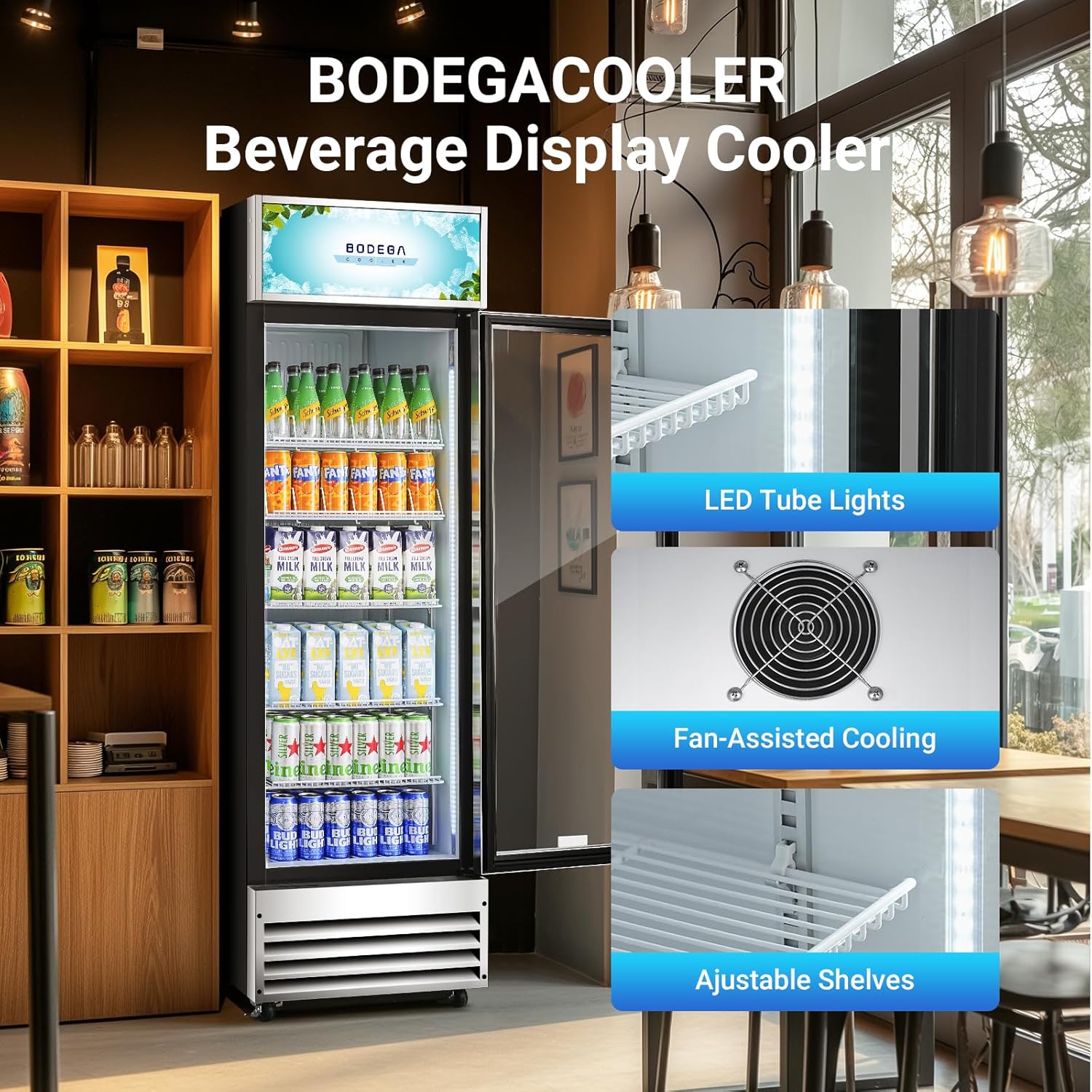 BODEGACOOLER Commercial Merchandiser Refrigerator, 12.5 Cu.Ft Glass Door Display Refrigerator, Upright Beverage Cooler with Soft LED Light, Adjustable Shelves, 4 Strong Castors(Stainless Steel)
