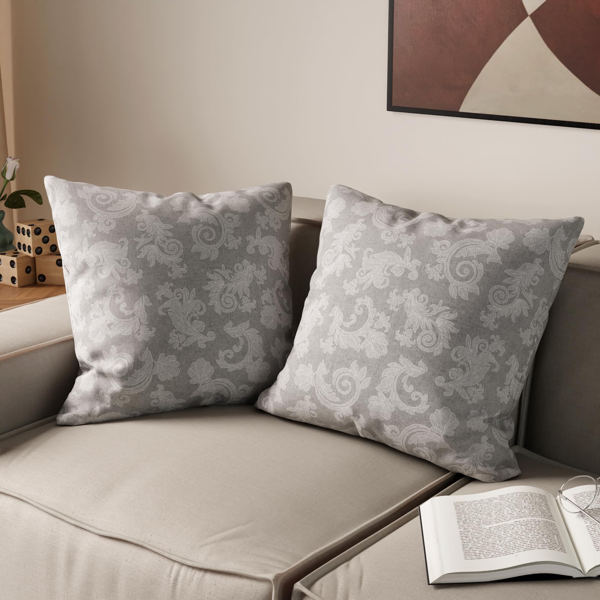 Encasa XO Chambray Cotton Floral Cushion Covers, Grey, 40 x 40 cm (Pack of 2)