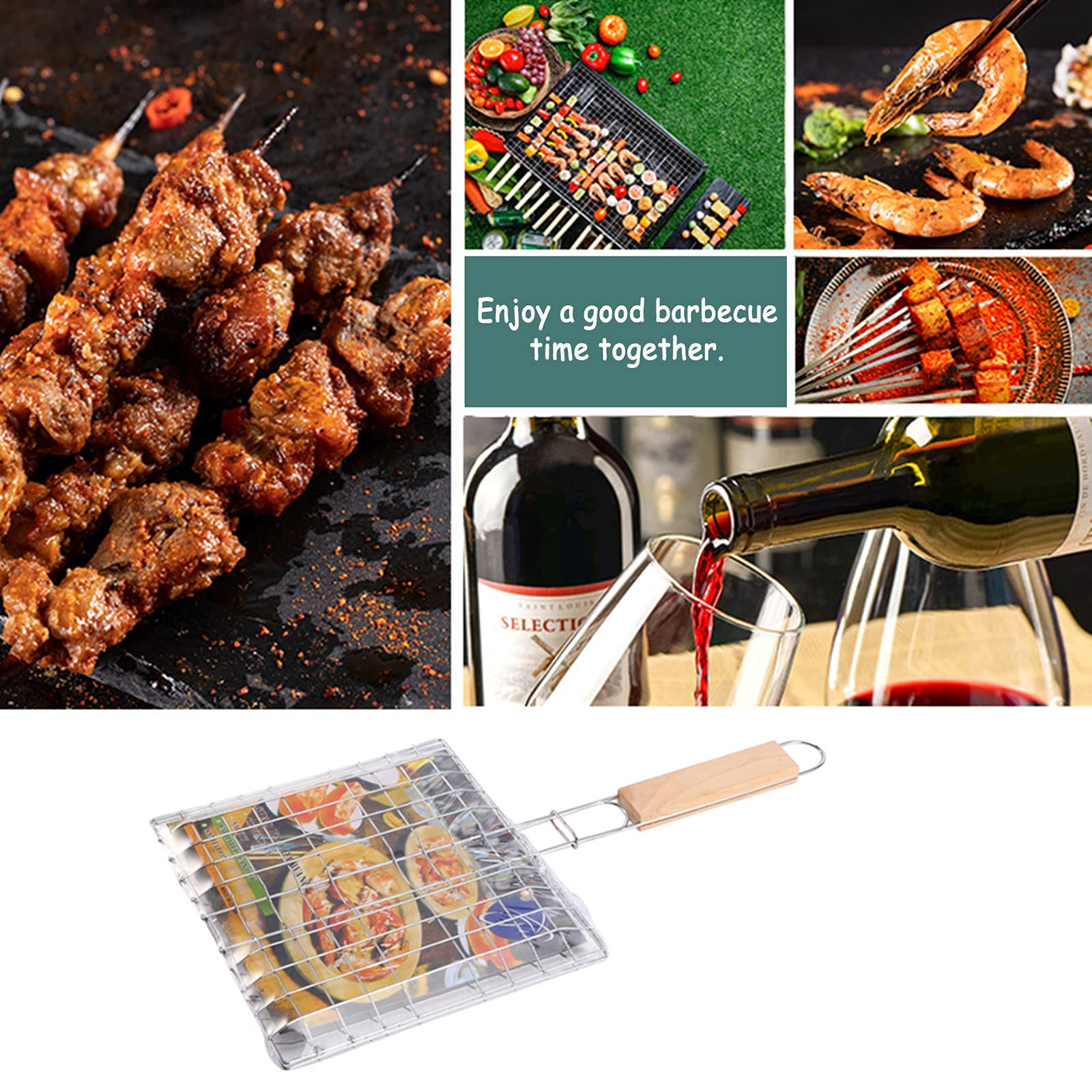 Grille de Barbecue Portable Pliable avec Poignée en Bois pour Poisson 2 Pièces