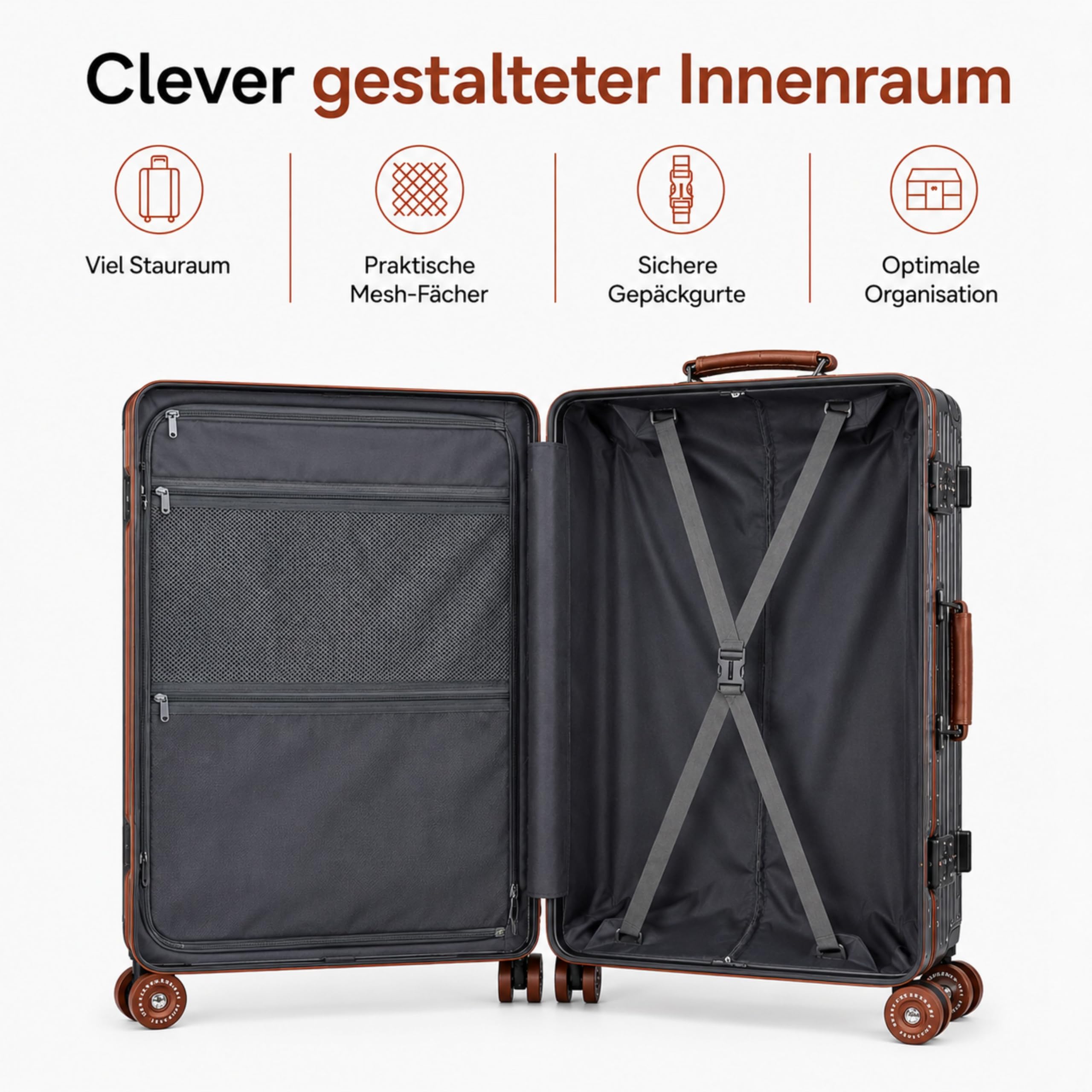hodalump - Reisekoffer 95L, Hartschalen-Trolley mit Rollen, Zahlenschloss, Getränkehalter & Taschenhalter, Leichter Rollkoffer, großer Reise Trolley für Urlaub & Business