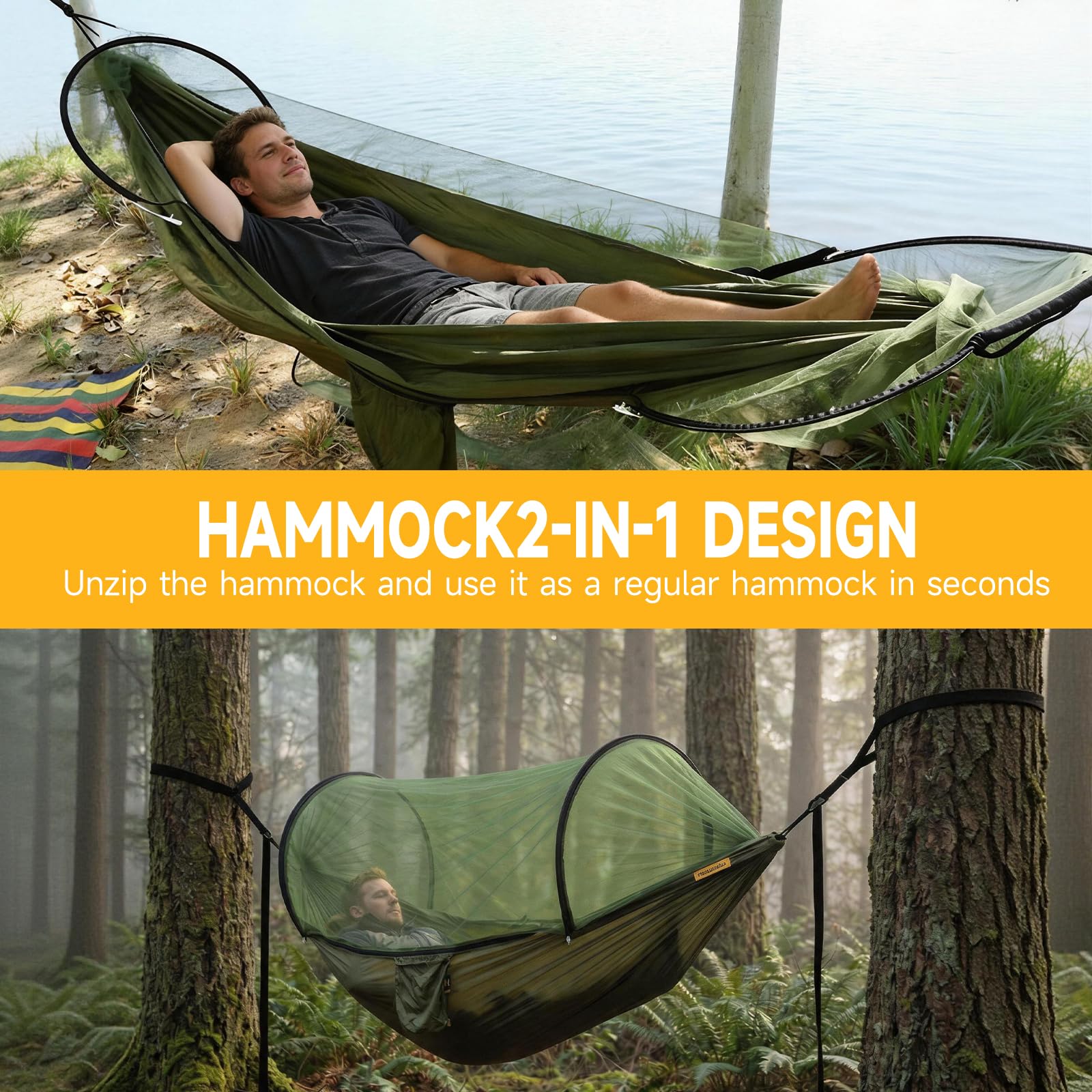 Hamac Ultra-léger de Voyage Camping, Hamac Moustiquaire - 300 kg, 260x140 cm, Hamac Camping, Inclut Sangles et Mousquetons - Idéal pour Camping, Jardin, Randonnée (Vert Militaire)