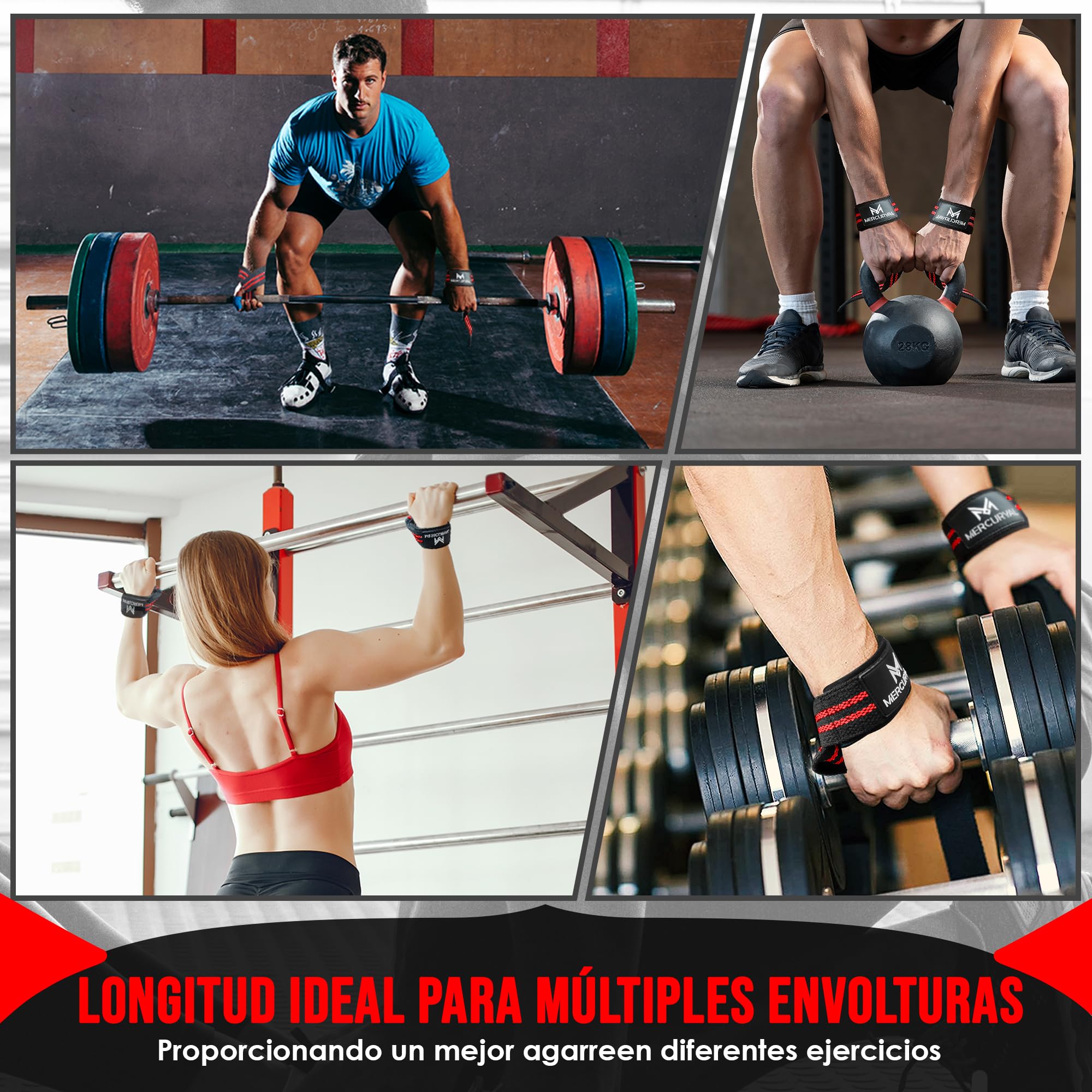 MERCURYAL Pack Straps Gym - Straps Powerlifting - Dodatek do siłowni - Akcesoria do siłowni (Straps Czarny/Czerwony)