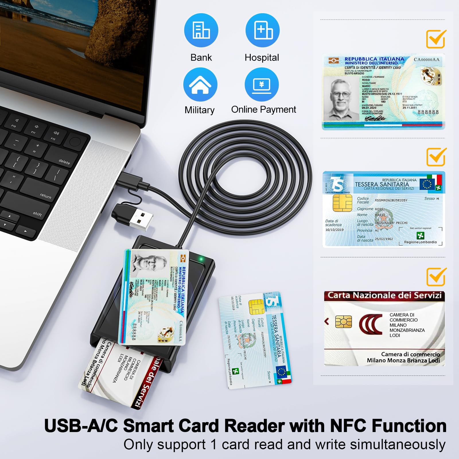 Lettore CIE 3.0 Carta d'Identità e Tessera Sanitaria,USB-A + USB-C Lettore Smart Card Firma Digitale,Lettore Carta Identita Elettronica Contatto e Contactless CIE/CRS/CNS Smart Card NFC per Windows