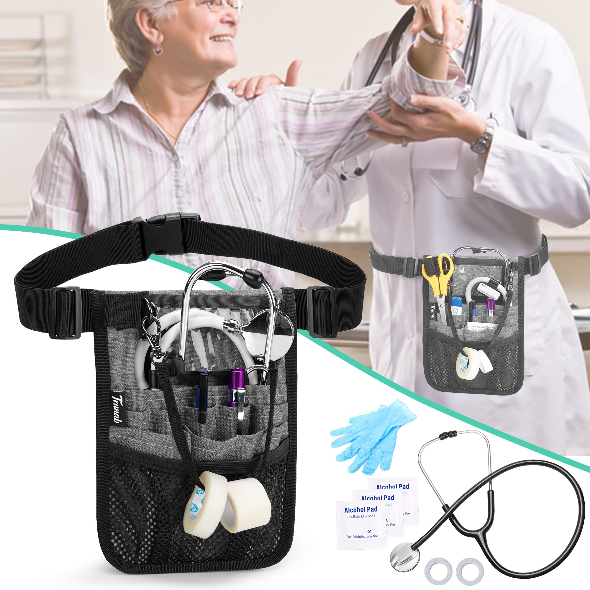 Trunab Marsupio Infermiera con Supporto per Nastro Medico e Scomparti Multipli, Organizer per Cintura per Stetoscopi con Cintura Regolabile, Adatto per Forbici, Garza e Altre Forniture Mediche, Grigio