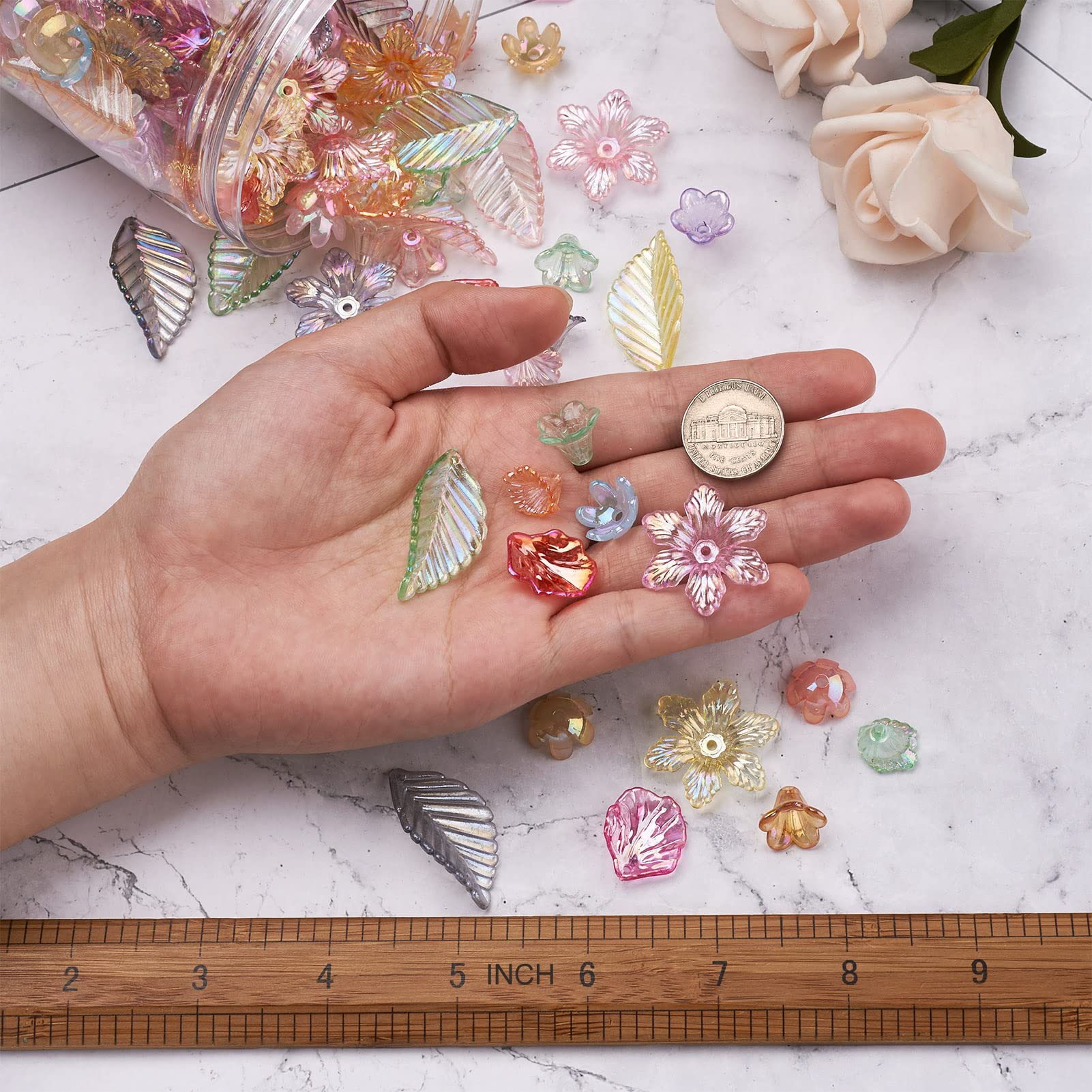 Craftdady 300Pcs Flower Bead Cap Acrylic Leaf Flower Transparent End Cap AB Color Floral Pendants for Jewellery Making Necklace Bracelet Earring - Image 3