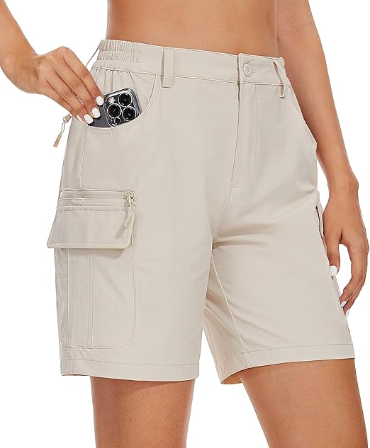 MAGCOMSEN Women's 7" Hiking Golf Shorts 6 Pockets Lightweight Quick Dry Outdoor Casual Cargo Shorts Water Resistant