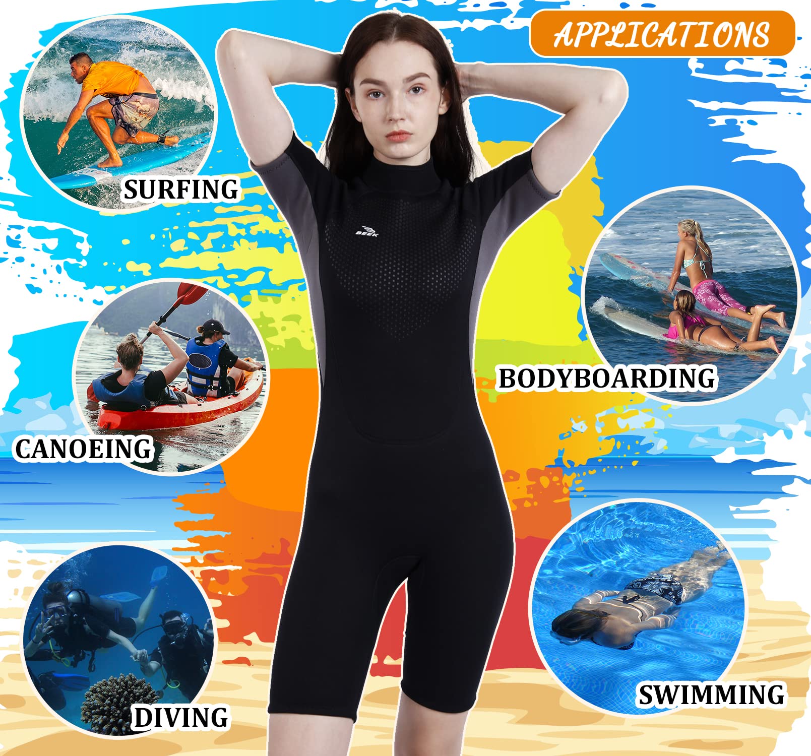 Neoprenanzug Damen und Herren Kurz 3mm | Rückenreißverschluss, Kurzarm, Tauchen, Schnorcheln, Surfen, Kajakfahren, Wassersport