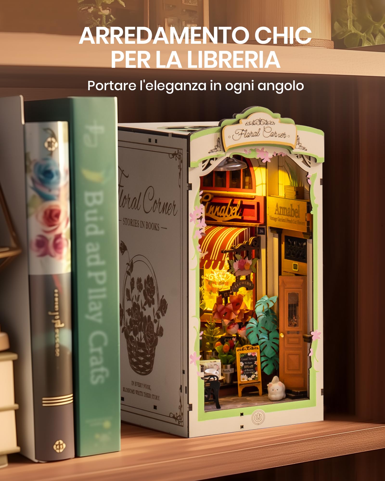 ROBOTIME Book Nook Angolo Floreale Diorama in Legno con Luci LED, Booknook Casa Delle Bambole Miniature da Costruire, Decorazione della Libreria, Regali per Adulti, Donne e Ragazze