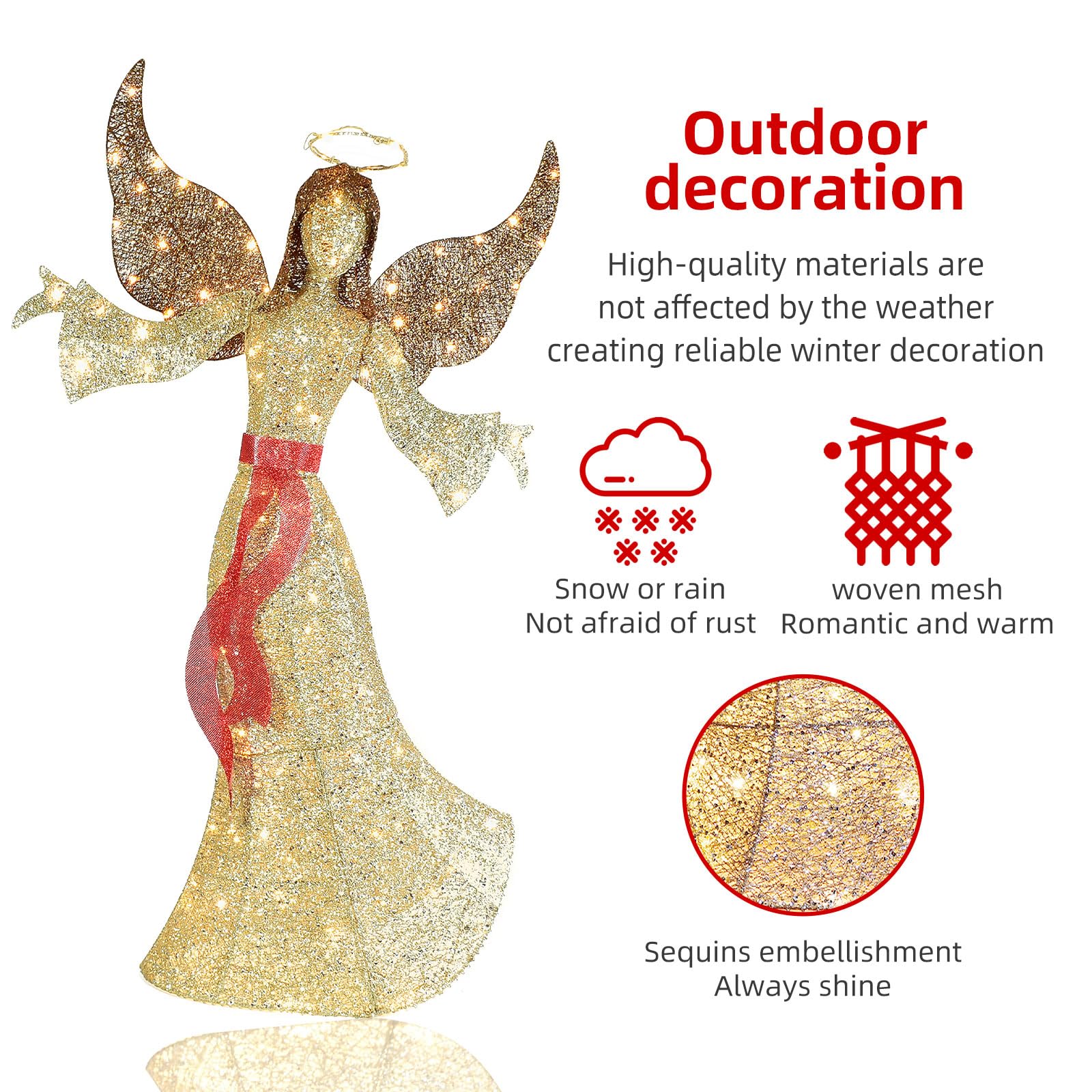 1,52 m Langer Weihnachtsengel für draußen – leuchtender Weihnachtsengel mit 120 LED-Lichtern für draußen – Elegante geflügelte Weihnachtsfigur für den Rasen - Gold