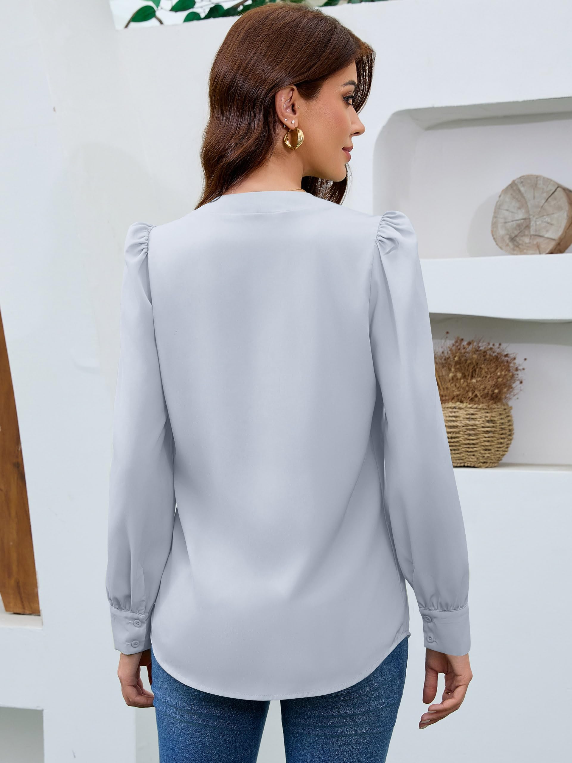 Chemisier d'affaires décontracté en satin de soie avec col en V et manches longues boutonnées pour femme