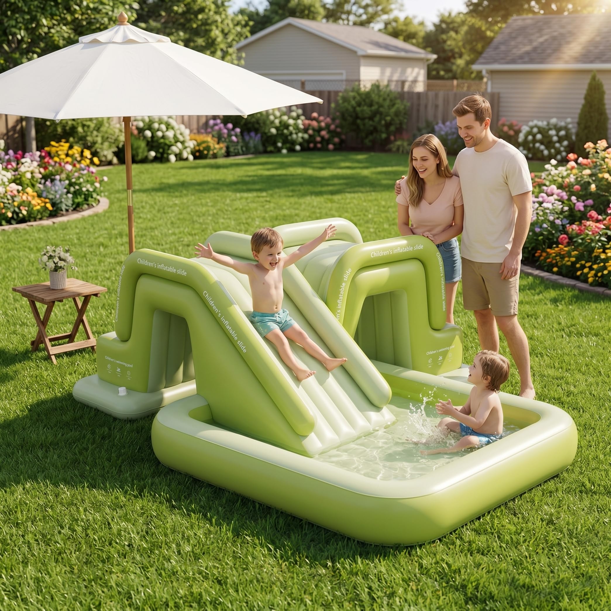 Toboggan Gonflable pour Piscine Jouet d'été antidérapant pour Cour pour garçons et Filles Vert