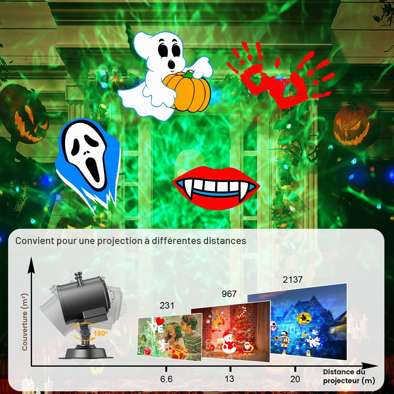 Projecteur Noel Exterieur Interieur, 2-in-1 10 Couleurs Effet 20 Diapositives Projecteur LED Noel Avec Télécommande et Fonction de Minuterie,Adapté pour Décoration de Noël, Pâques, Thanksgiving, Fête