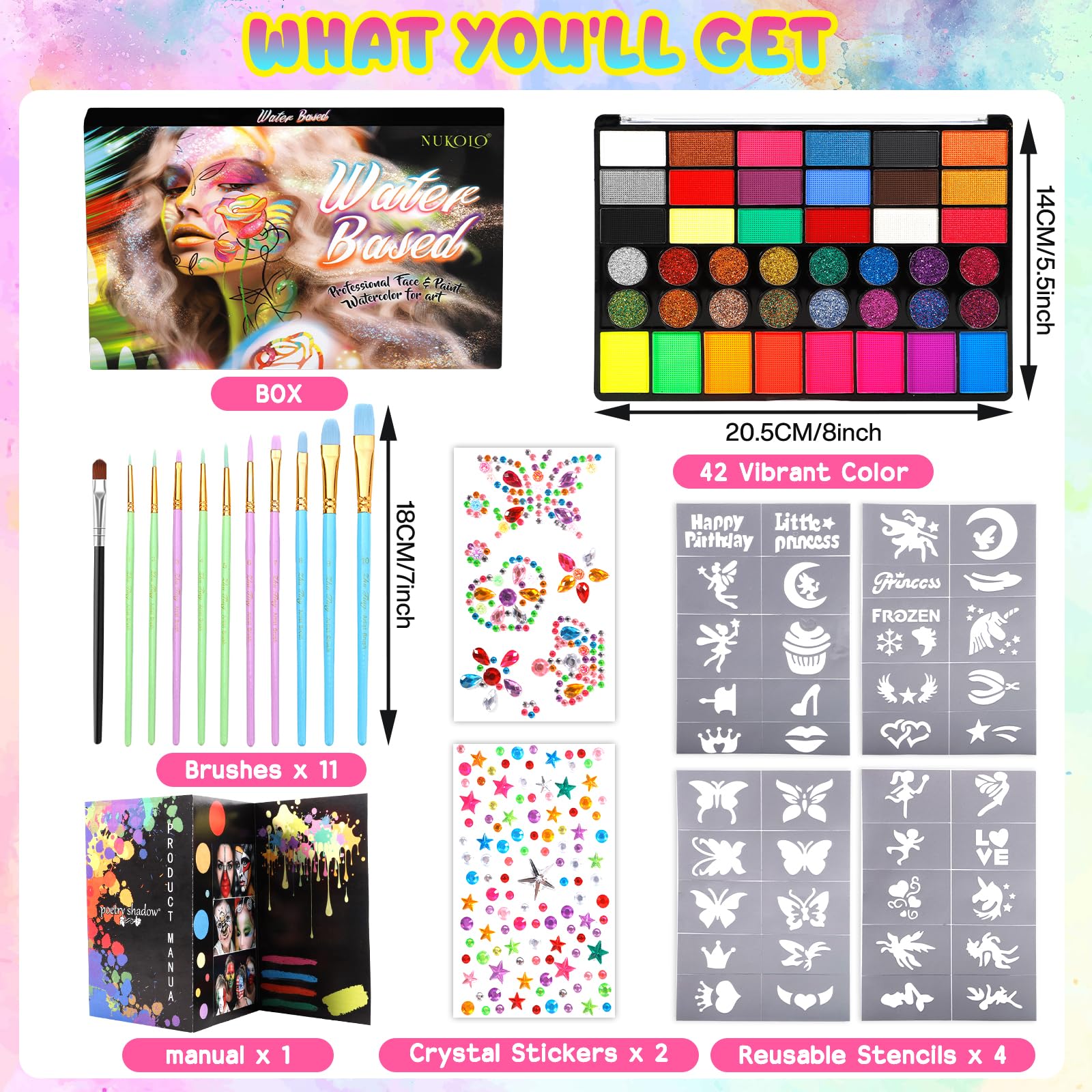 RDDAIPE Pintacaras Infantil – 42 Colores Hipoalergénicos, 11 Pinceles, 40 Plantillas Y Stickers – Ideal Para Halloween Y Carnaval