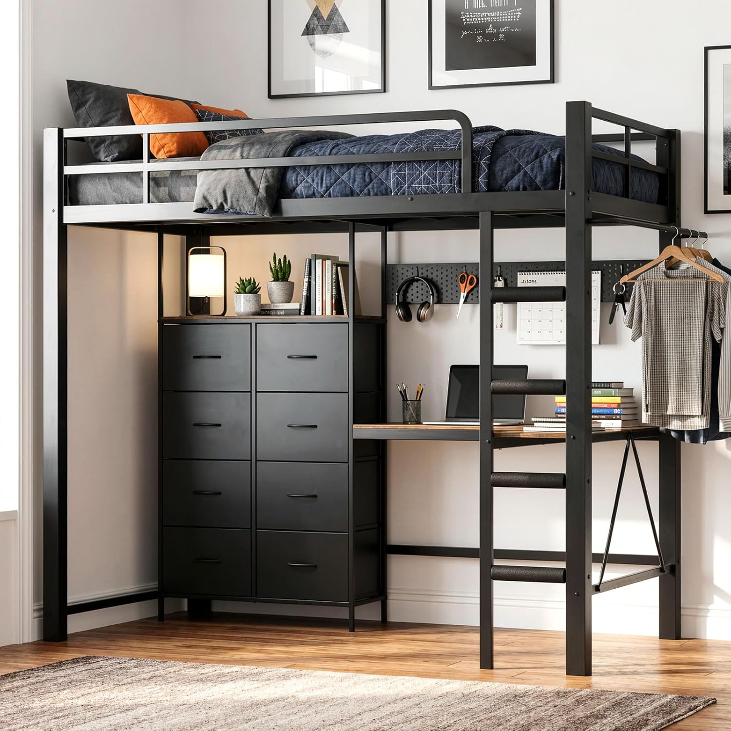 Twin Size Metal Loft Bed with L-Shaped Desk & 8 Storage Drawers, Heavy Duty High Sleeper Bed with Hanging Rail, Pegboard, Anti-Wobble Wall Anchor, Non-Slip Stair Pads, Black