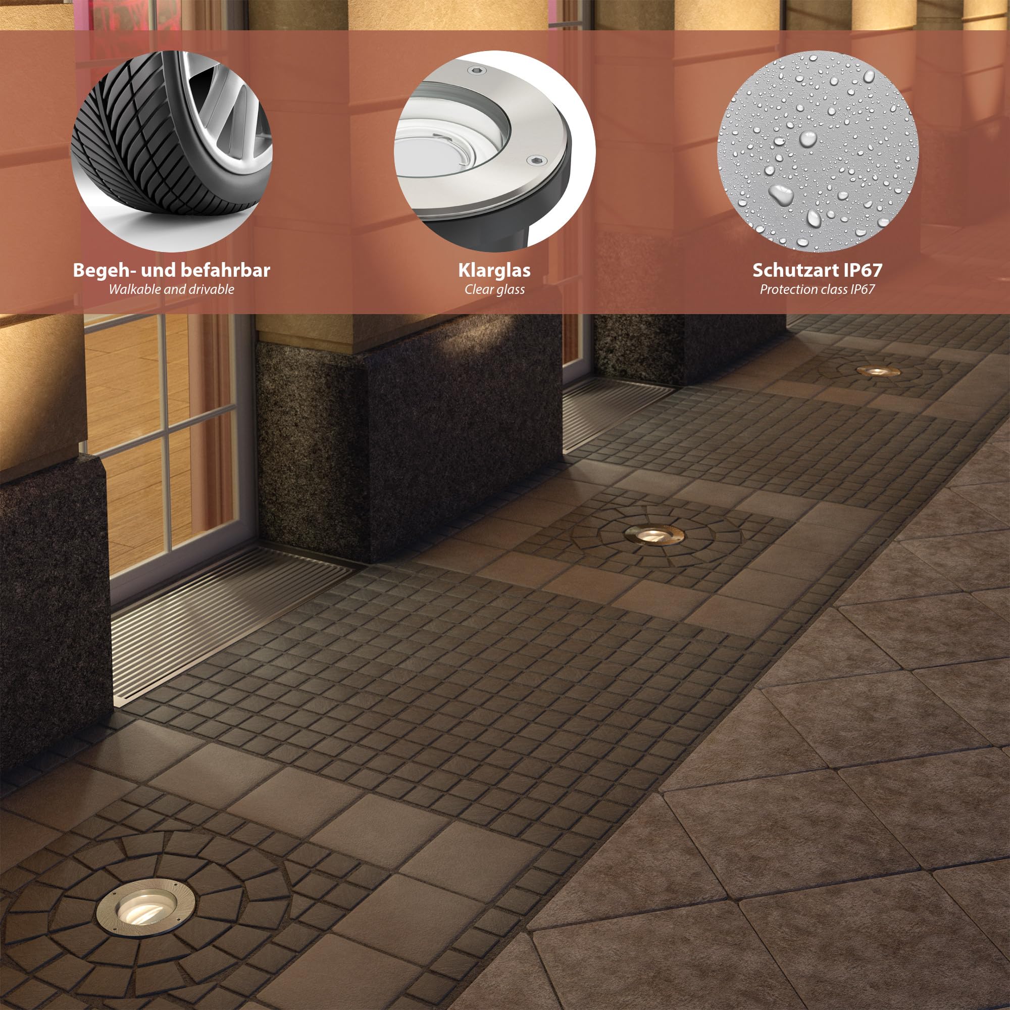 ledscom.de Recessed Floor Light BOFU for Outdoors IP67, swivelling, Stainless Steel, Round, 150mm diameter , 1x GU10 max. 15W - Image 4