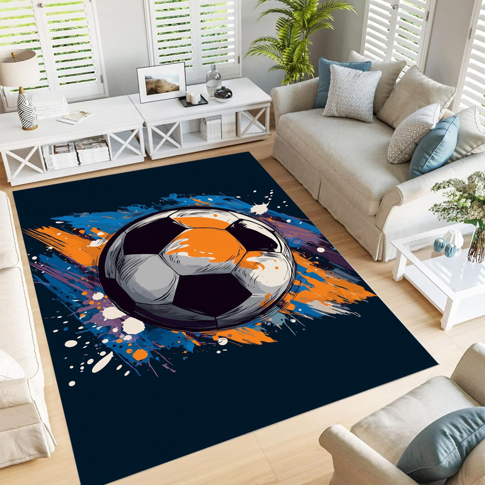 Tapis lavable style graffiti football 120x180cm antidérapant pour cuisine et terrasse